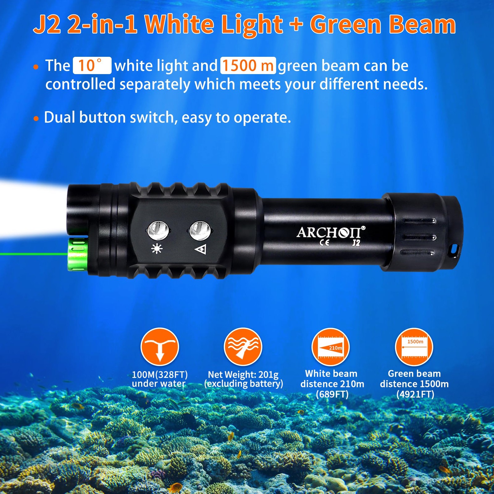 J2 Diving Flashlight, 2-in-1 Scuba Dive Light with 1200 Lumens White Spotligh…