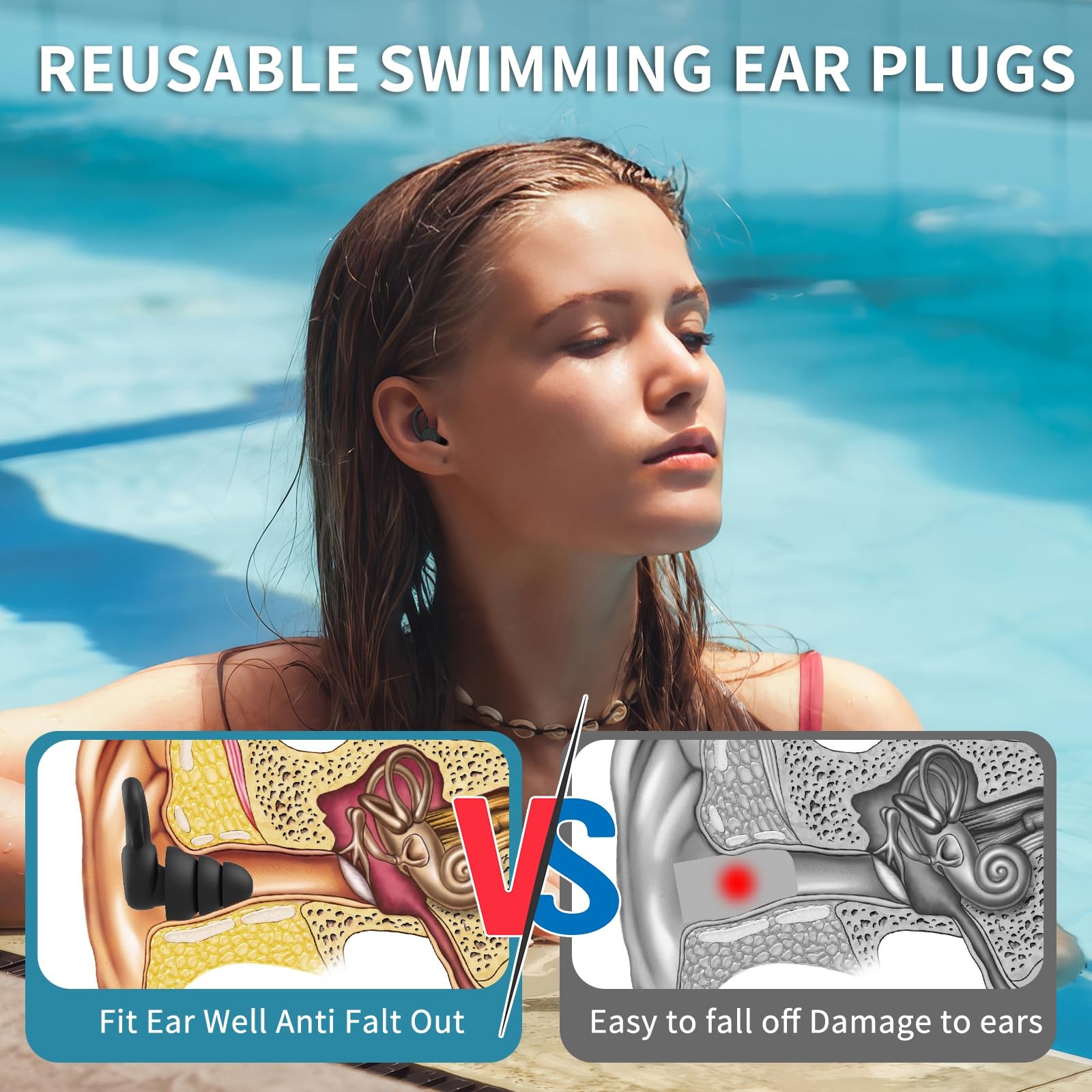 Swimming Ear Plugs for Adults, 4 1 pair (Pack of 4), Black Gray Blue Green