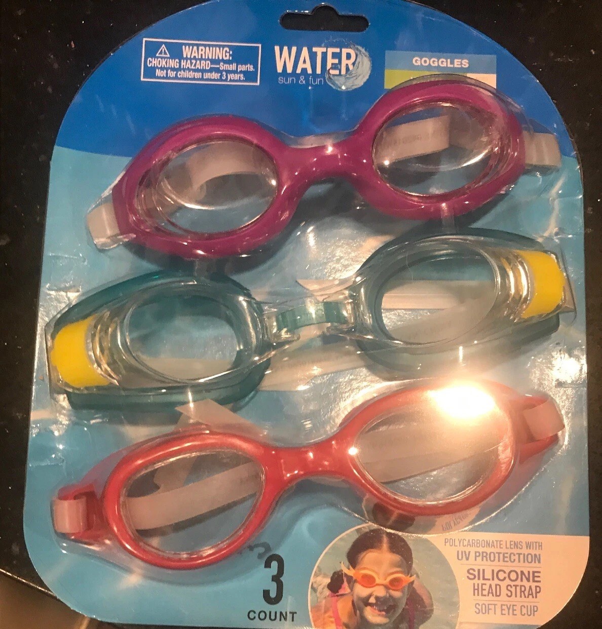 Water Sun & Fun Swim Goggles Polycarbonate lens w/UV Protection 3 pack Youth 8+