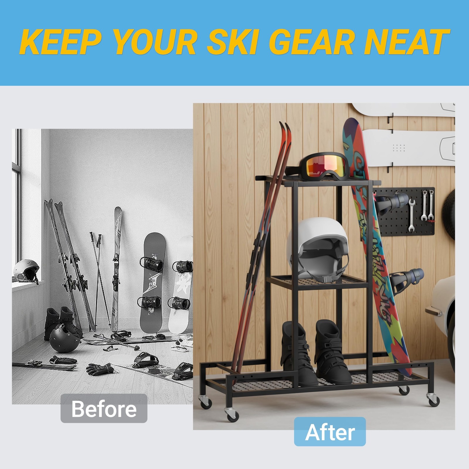 Standing Ski Storage Rack, Holds Snowboards & Skis, 3-Tier Organizer for Gear…