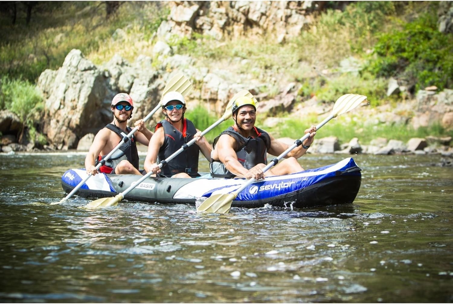 Sevylor Big Basin Inflatable Kayak 3-Seater Blue/Gray Includes 2 Oars Rutter NEW