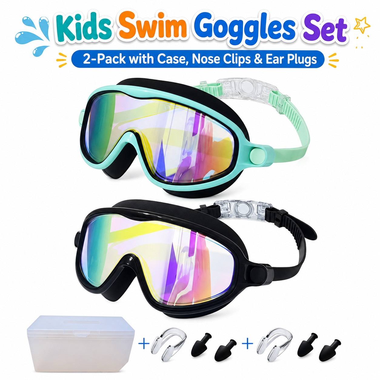 Kid’s Swim Goggles-2 Pack，Wide View Anti-Fog UV Protection Adjustable Strap