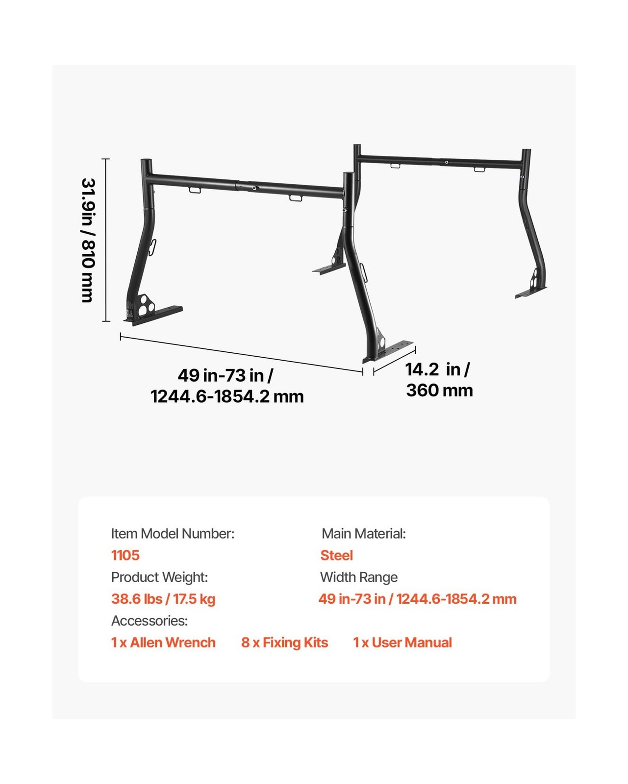 VEVOR Truck Ladder Rack, 49-73 in Width, Extendable Universal C… Fast USA SHIP