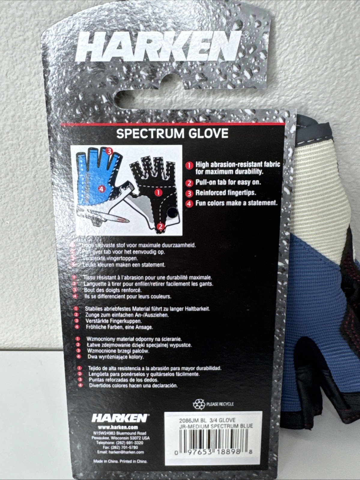 New Harken Spectrum Sailing Gloves Blue 3/4 Finger Junior Medium JM