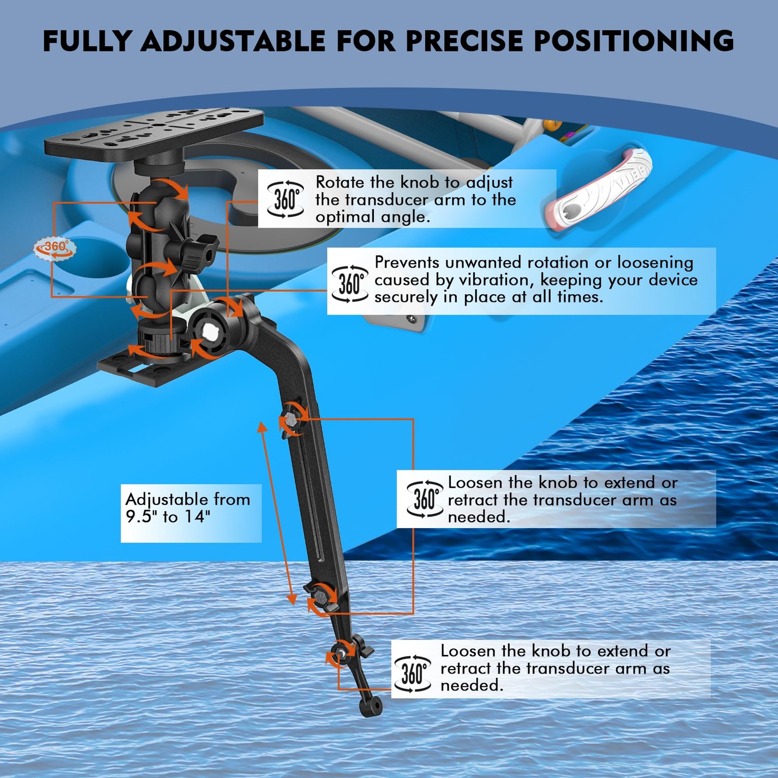 Universal Kayak Fish Finder Mount with Transducer Arm Adjustable 914 Tool-Free