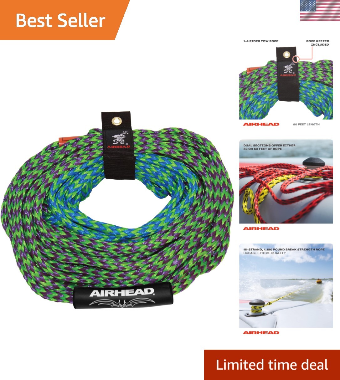 High-Strength Tow Rope for 1-4 Riders – 4,150 lbs Capacity with Rope Keeper
