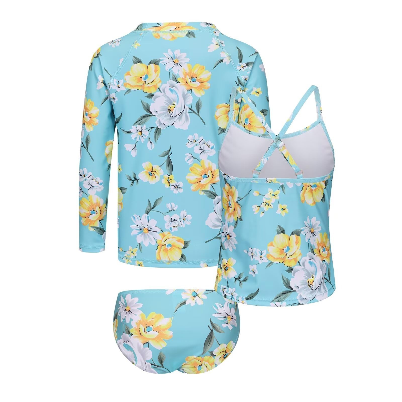 Girls 3 Piece Swimsuits Set for Girls Long Sleeve Rash Guard Swim Set Hawaiia…