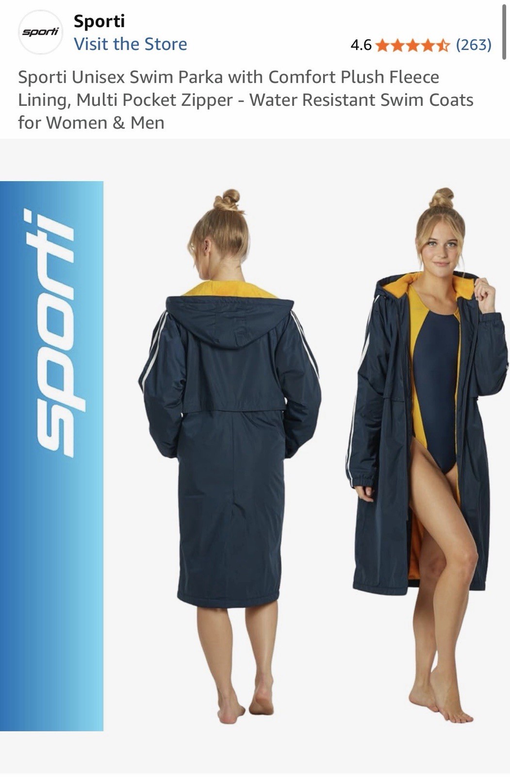 Sporti Unisex Swim Parka Water Resistant Fleece Lined Hooded Navy/Gold M