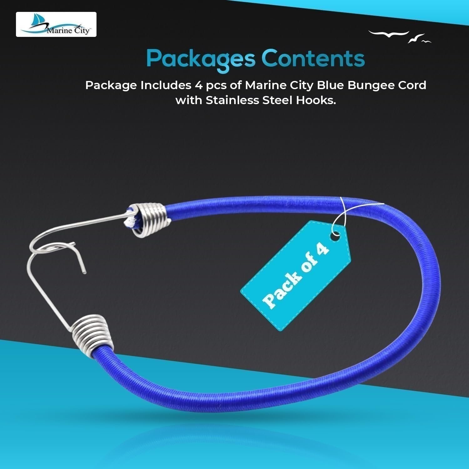 MARINE CITY 32″ Blue Bungee Cord w/ Stainless Steel Hook Boat Marine (Pack of 4)