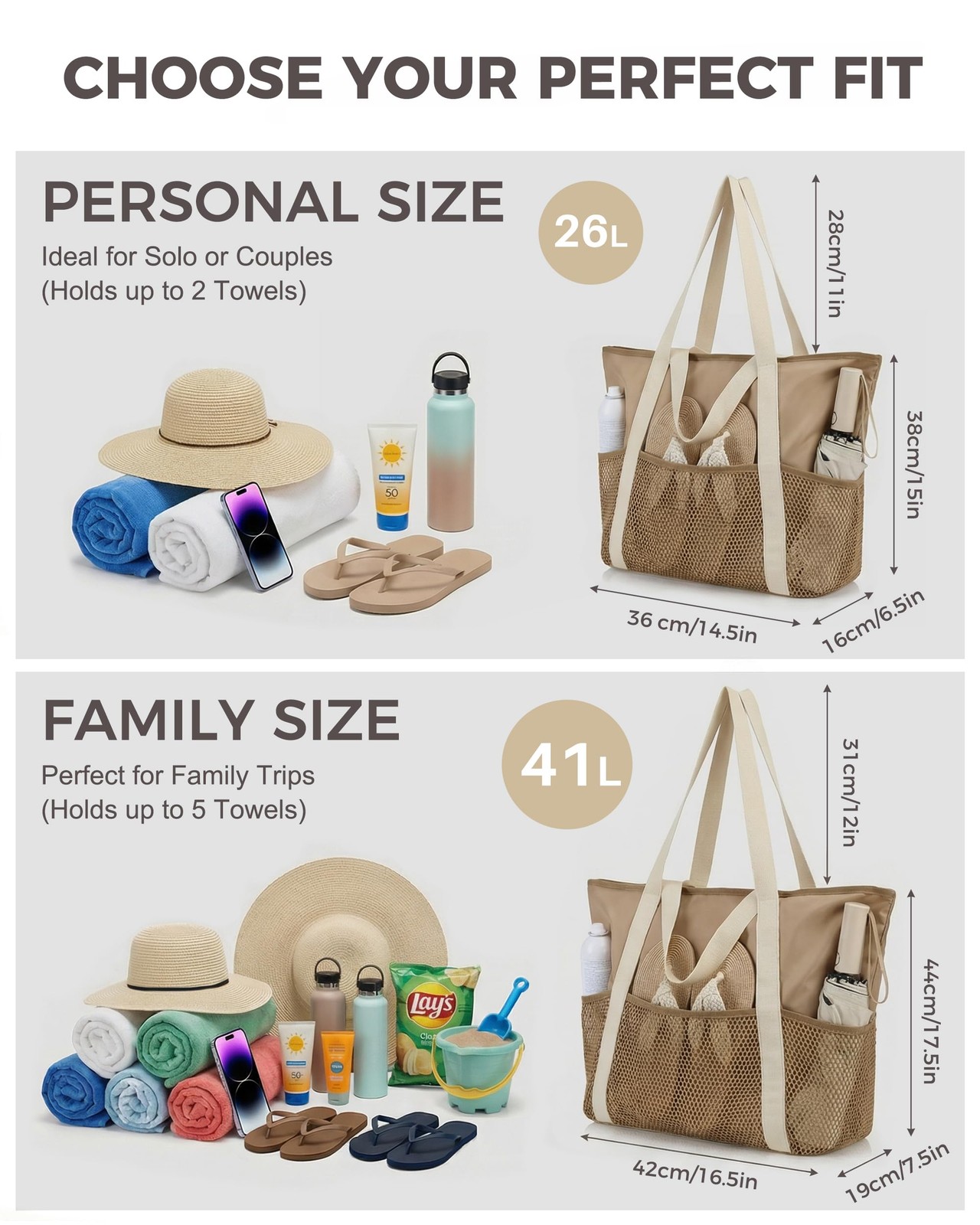 HOMESPON Mesh Beach Bag Sandproof Water Resistant Tote Zipper Medium, Khaki
