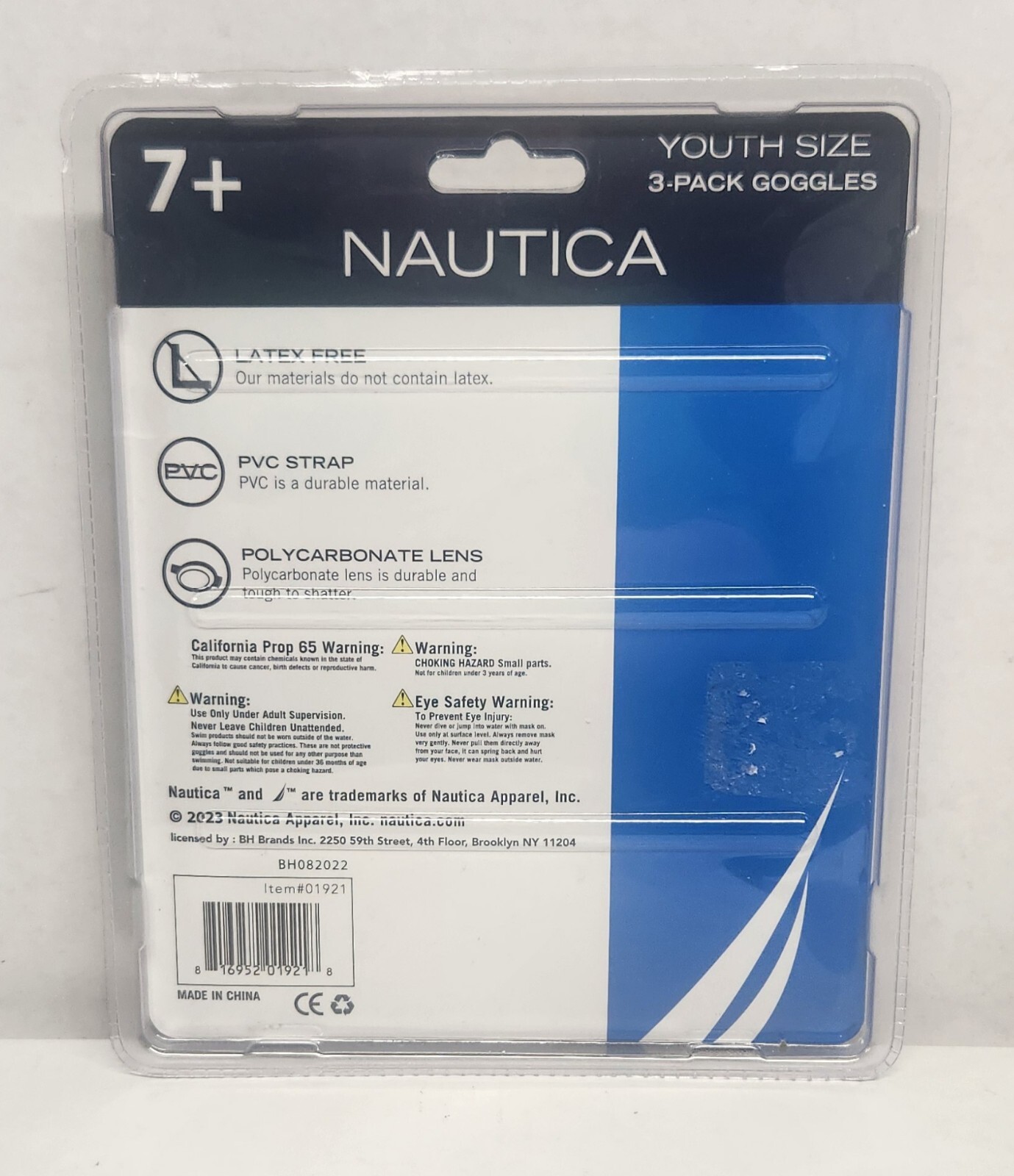 NAUTICA Youth Size 3 Pack Goggles 7+ / Latex Free PVC Strap Polycarbonate Lens