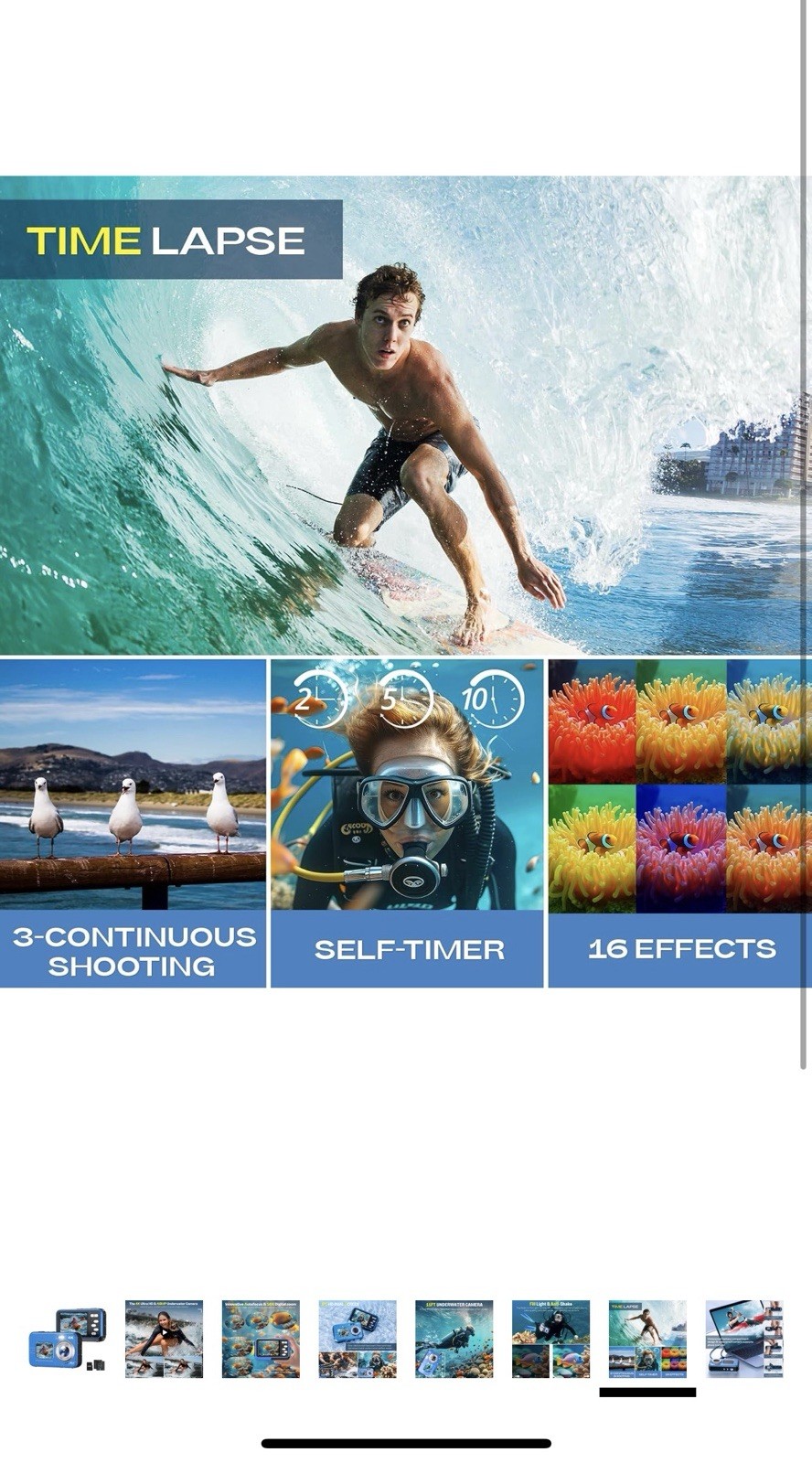 Underwater Camera, Selfie Dual Screens 4K 48MP 11FT Autofocus Waterproof Blue