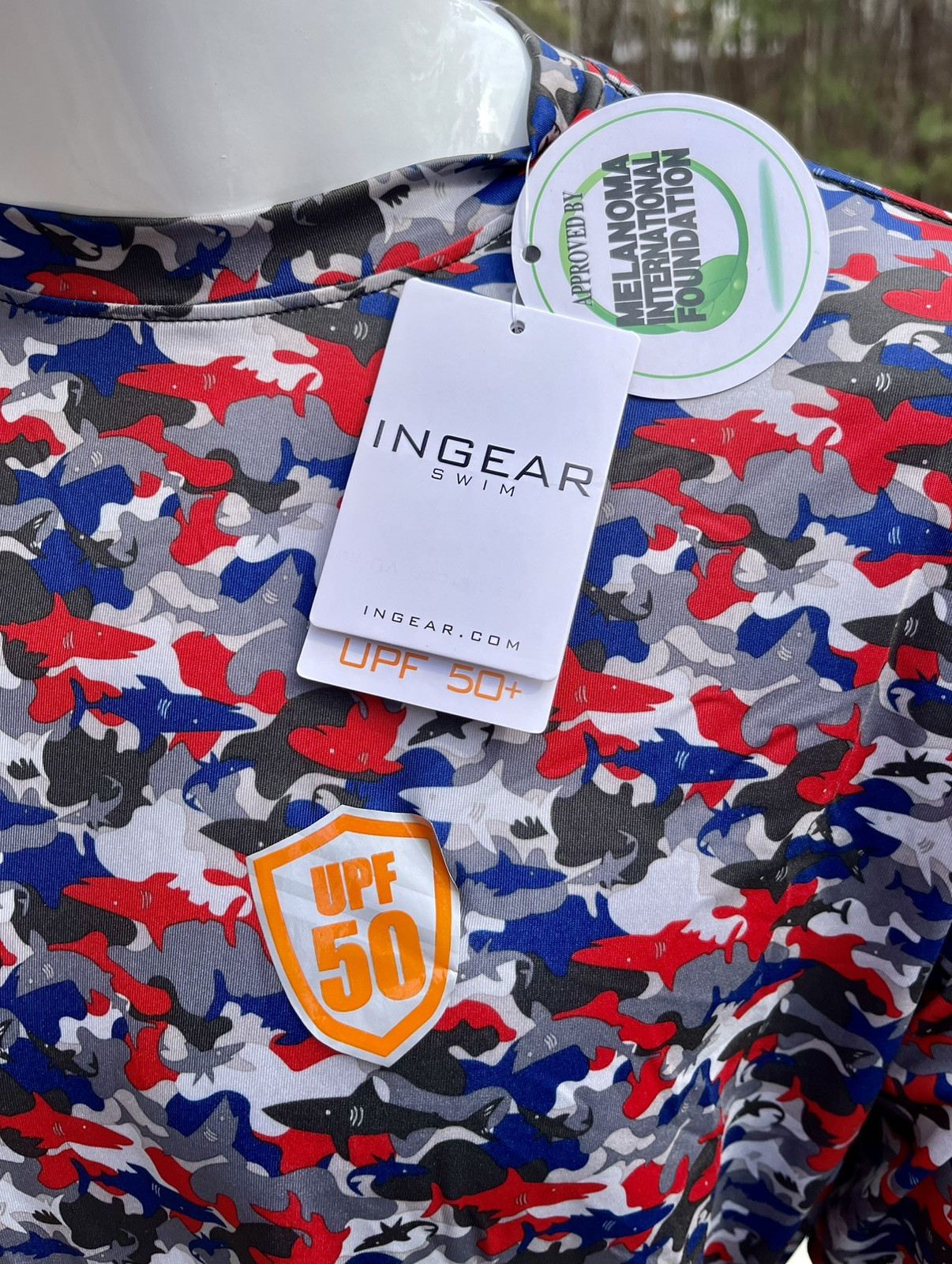 InGear Men’s UPF 50+ Rash Guard – Red, White & Blue Shark Camo Long Sleeve S-3XL
