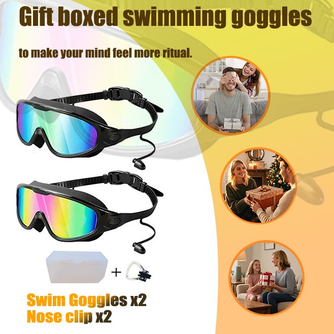 2 Pack-Adjustable-Wide-View Swim Goggles | Anti-Fog UV Lens |Earplugs & Nose Pad
