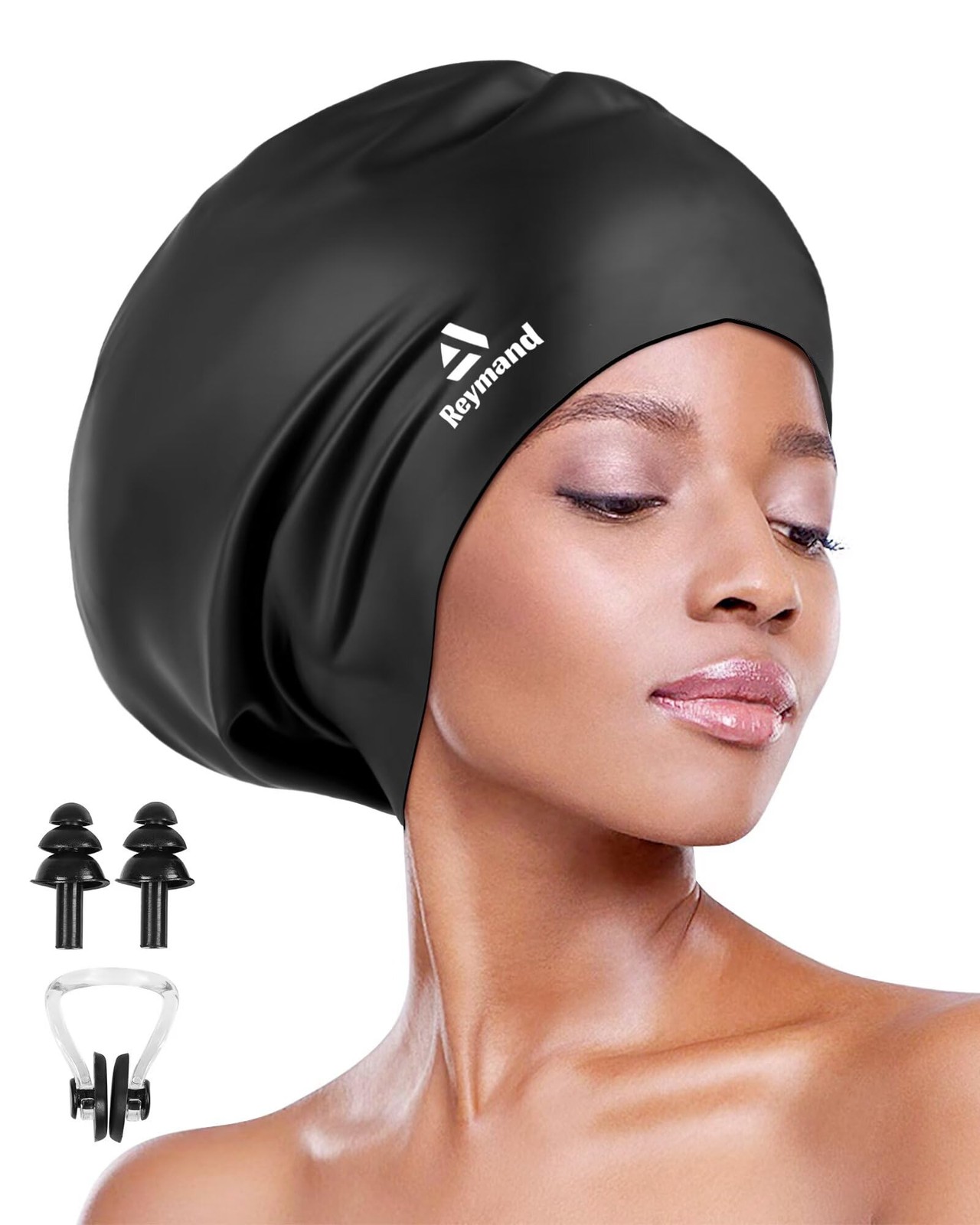 Swim Cap for Long Thick Hair, 3 Size Silicone Swimming Caps X-Large, Black