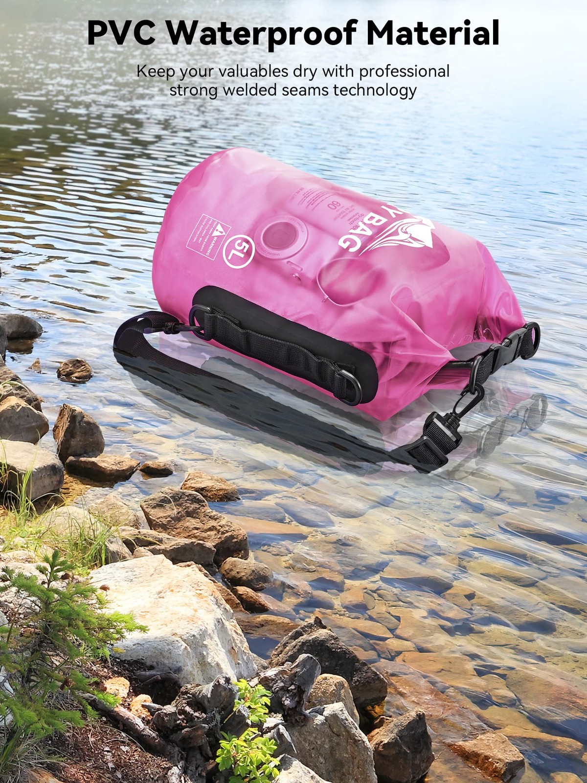HEETA Dry Bag Waterproof for Women Men, Roll Top Lightweight 5L, Rose Red
