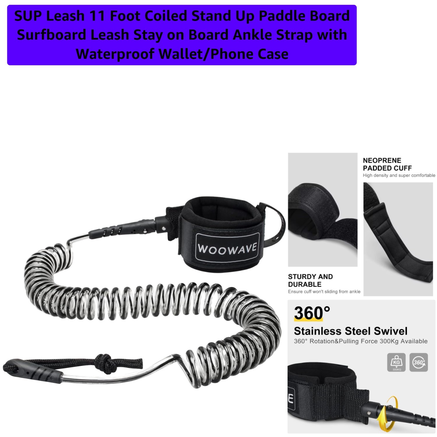 11ft SUP Leash with Soft Neoprene Cuff & Waterproof Pouch – Ultimate Protection