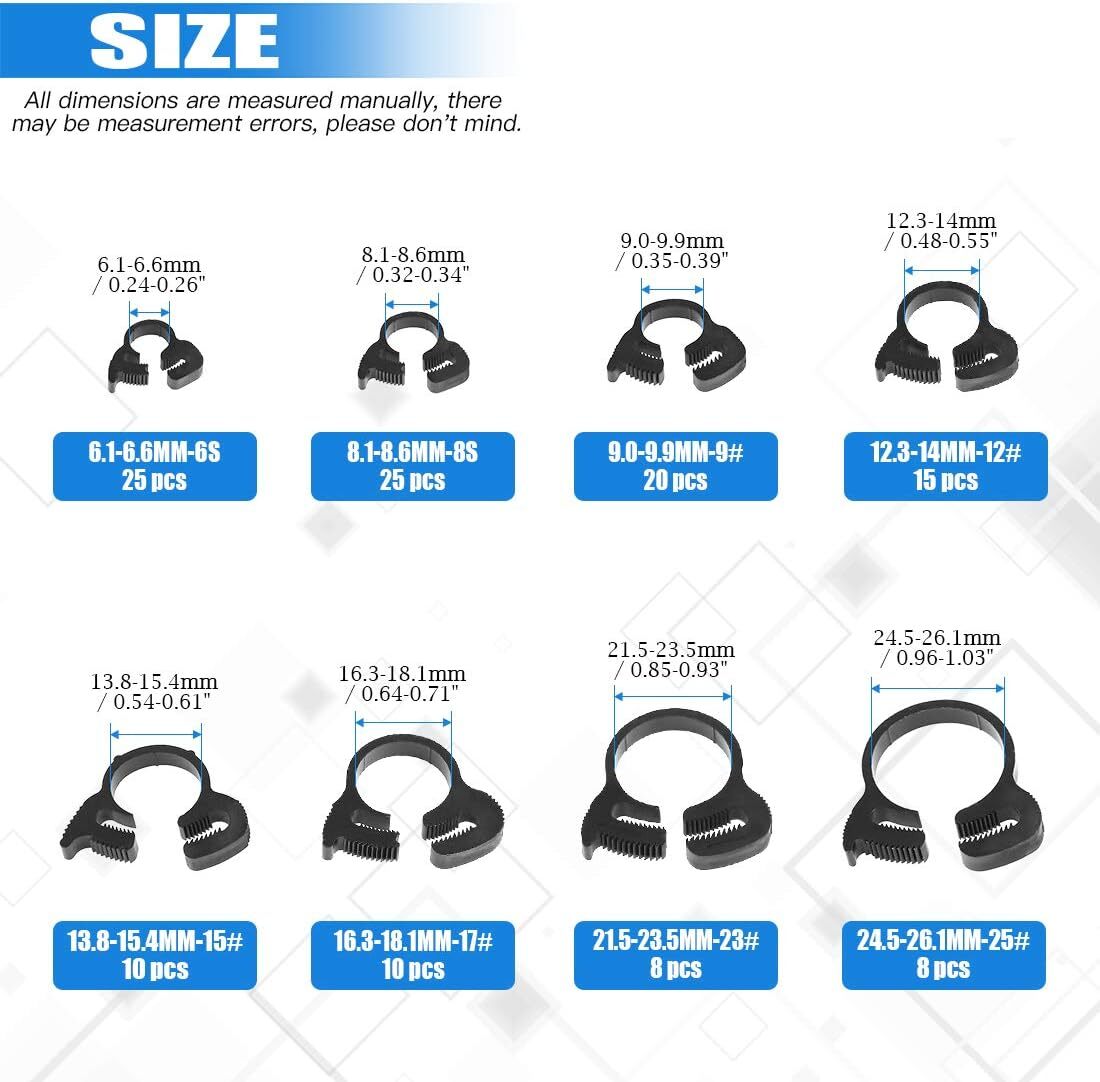 Glarks 121Pcs 8 Size Heavy Duty Black Double Gripping Nylon Hose Clamps Set …