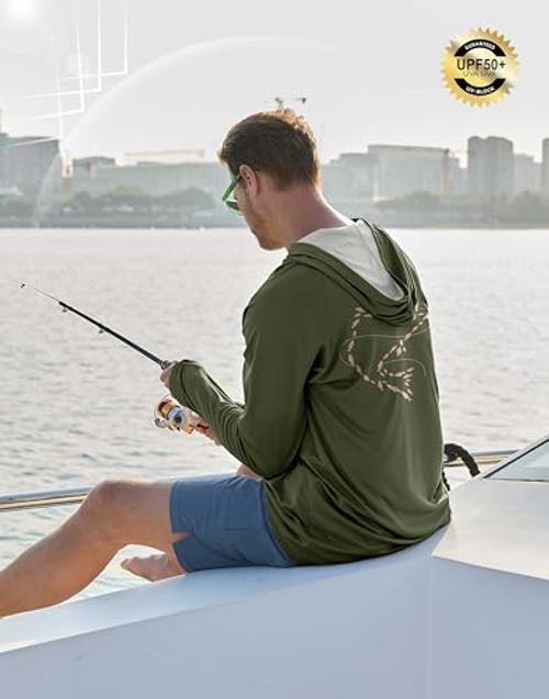 Men’s Sun Protection Hoodie Shirts UPF 50+ Long Sleeve Large Army Green/Fish