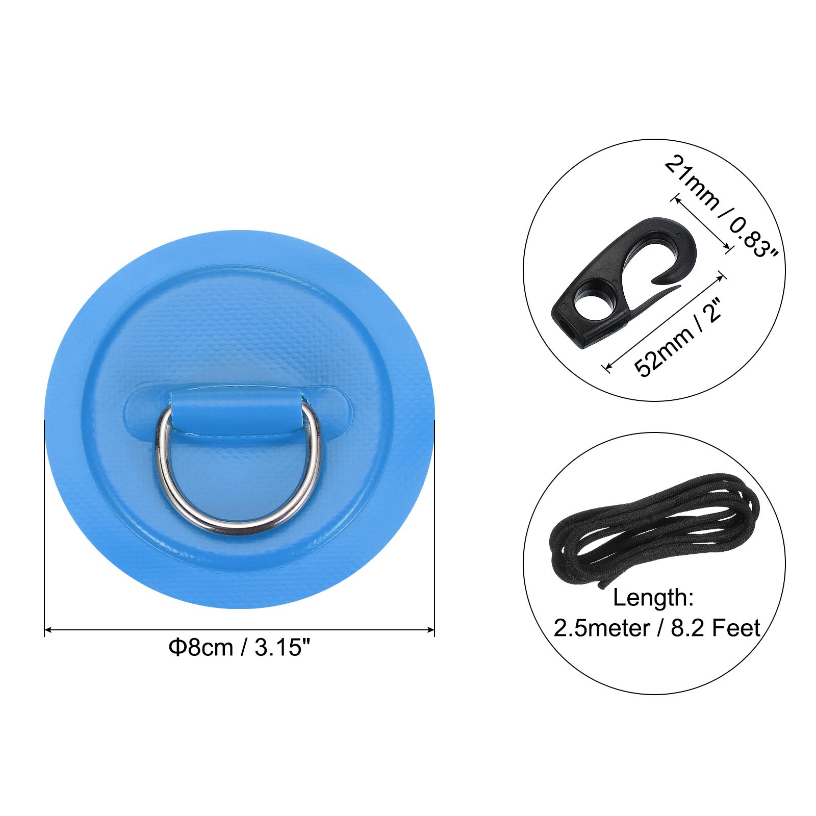 6Pcs Stainless Steel D-Ring Patch Round Patch with Elastic Cords & Hooks Blue