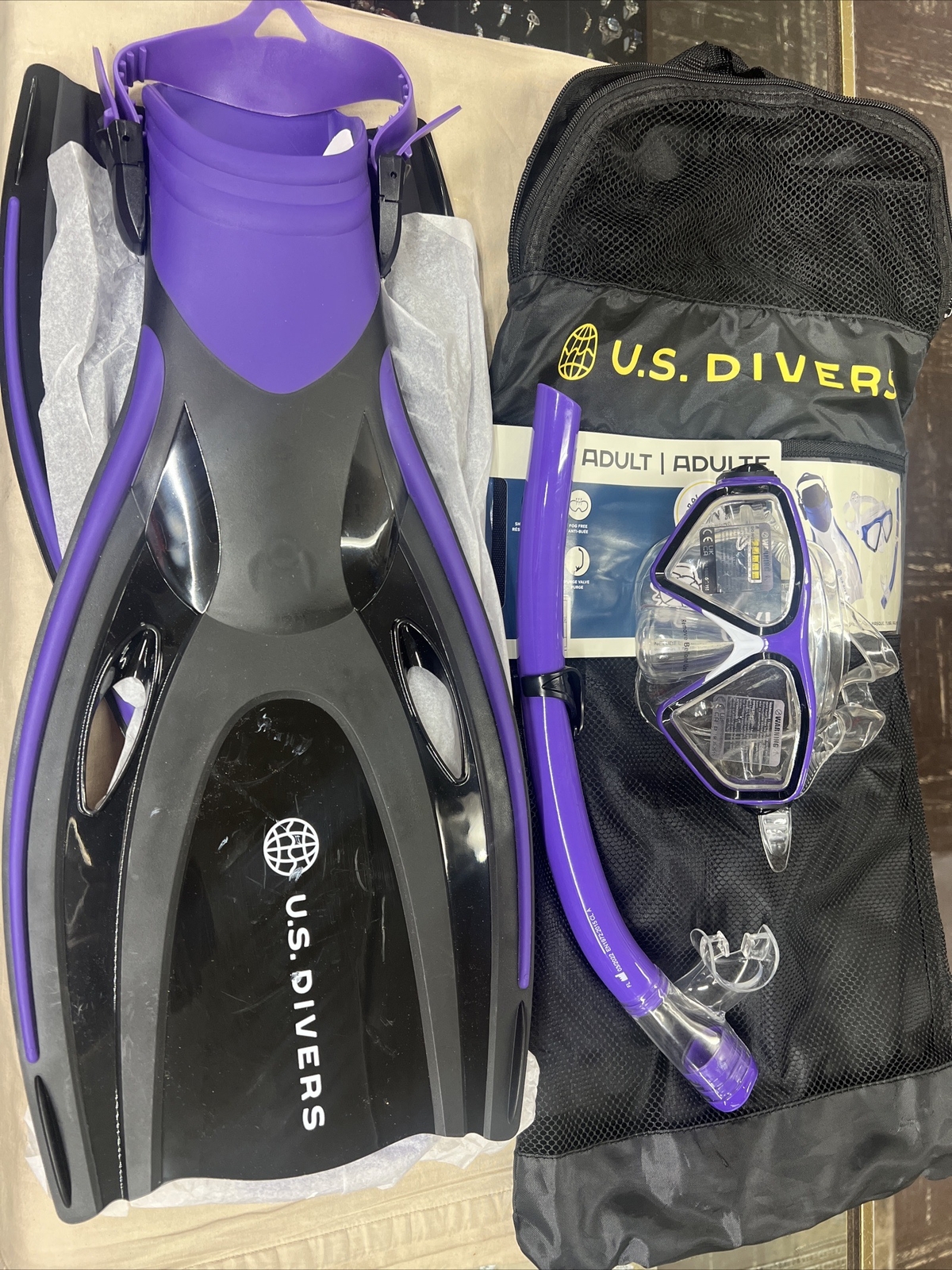U.S. Divers Tiki Adult Snorkeling Set – Mask Fins Snorkel & Gear Bag Purple L/XL