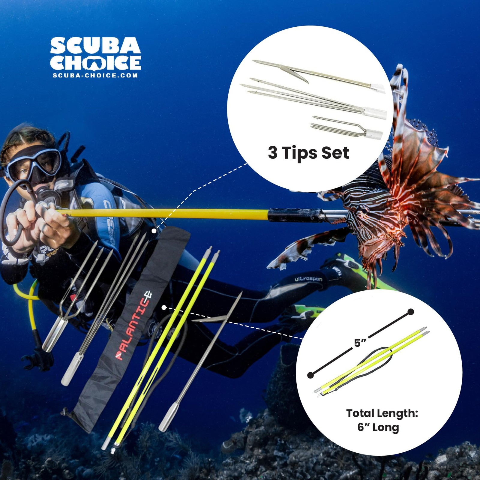 5′ (-Piece) Fiberglass Travel Pole Spear, 3 Speartip Set (12″ Paralyzer, Sing…