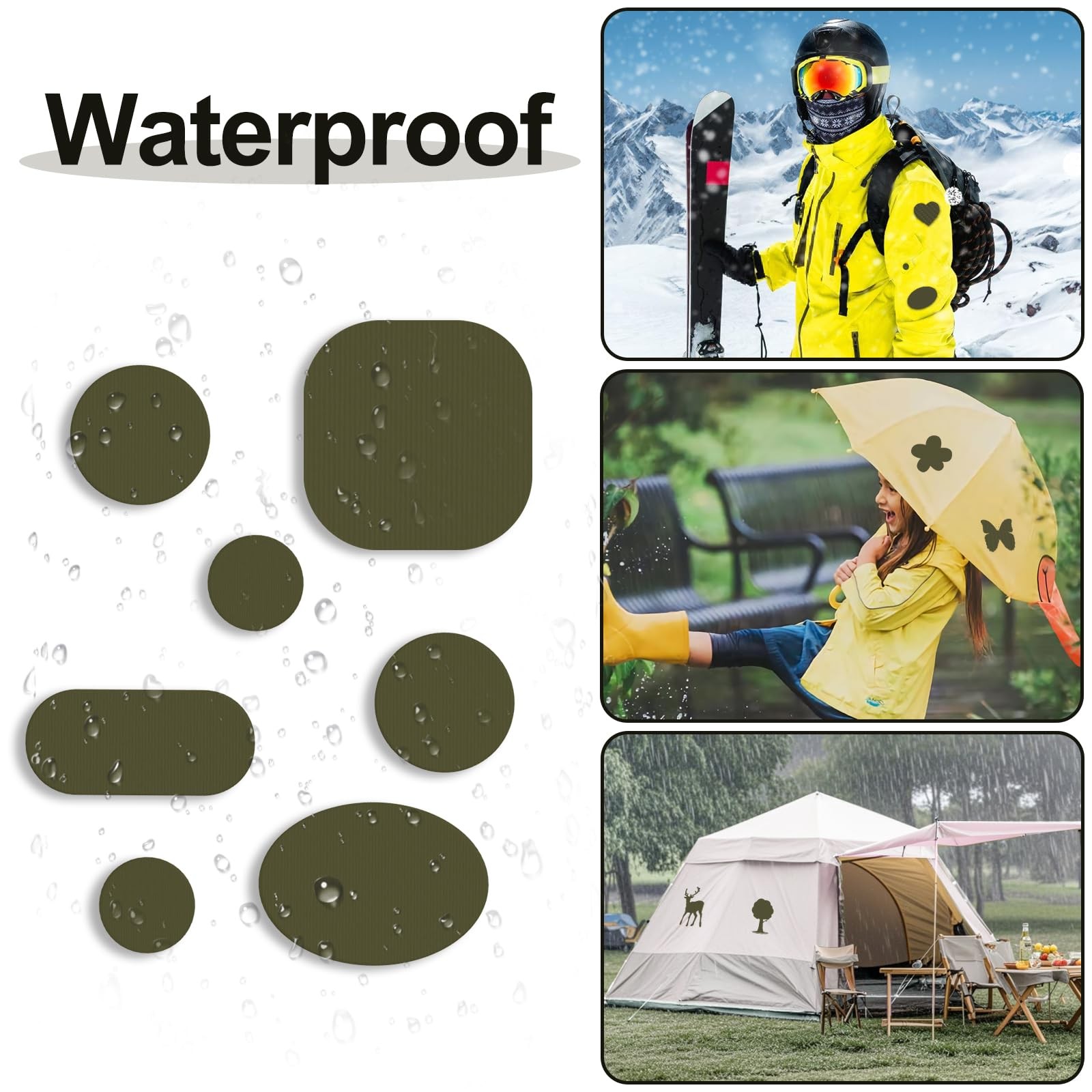 Self-Adhesive Nylon Patches Tent Repair Kit – Three Sizes, Pre-Cut-Army Green