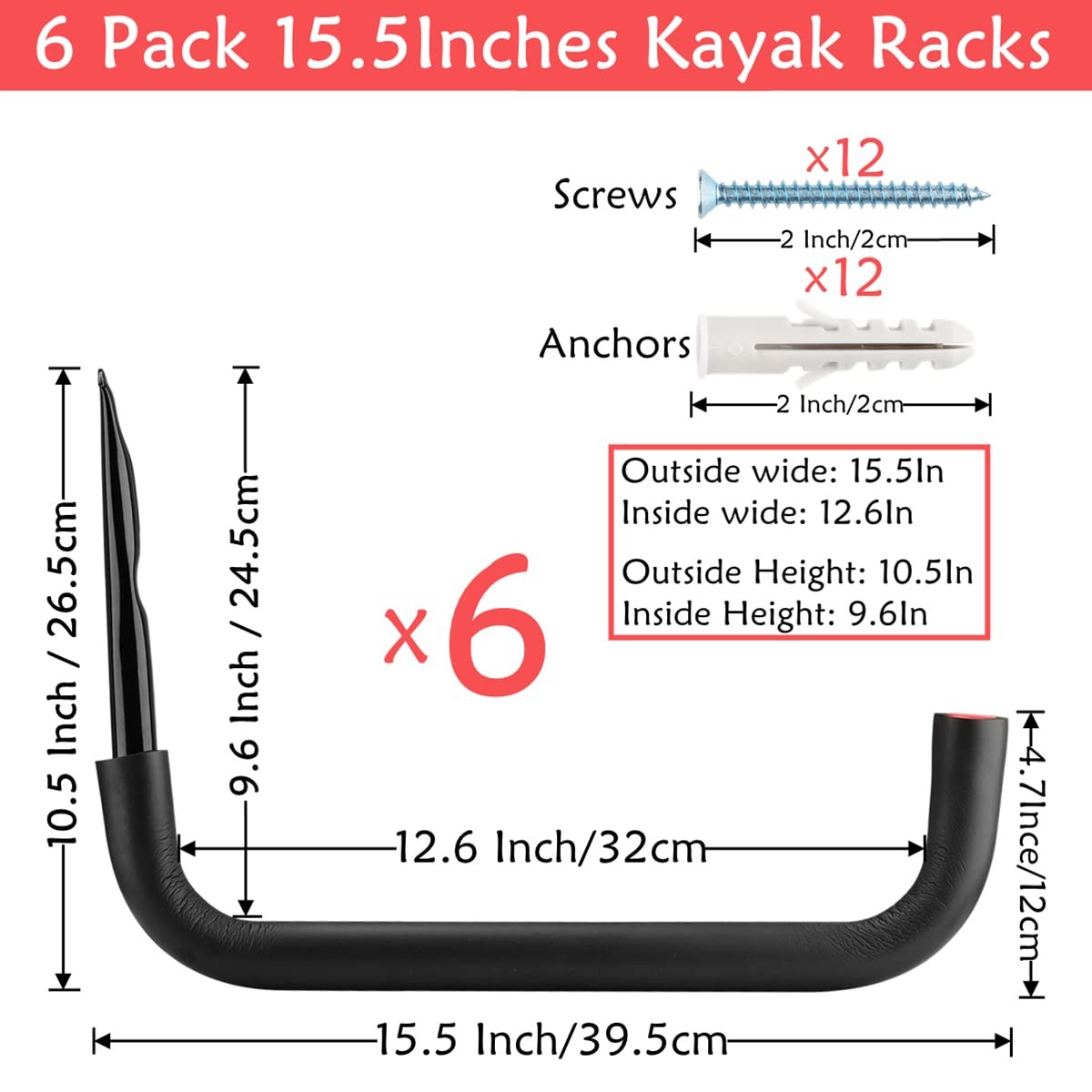 6 Pack Kayak Storage Hooks, 15.5 Inch Wall Mount Canoe Hangers, Heavy Duty Snowb