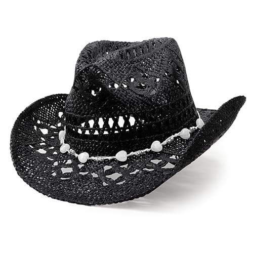 Straw Cowboy Cowgirl Hat for Women Men Medium 1 Pack Hollowed Pattern: Black