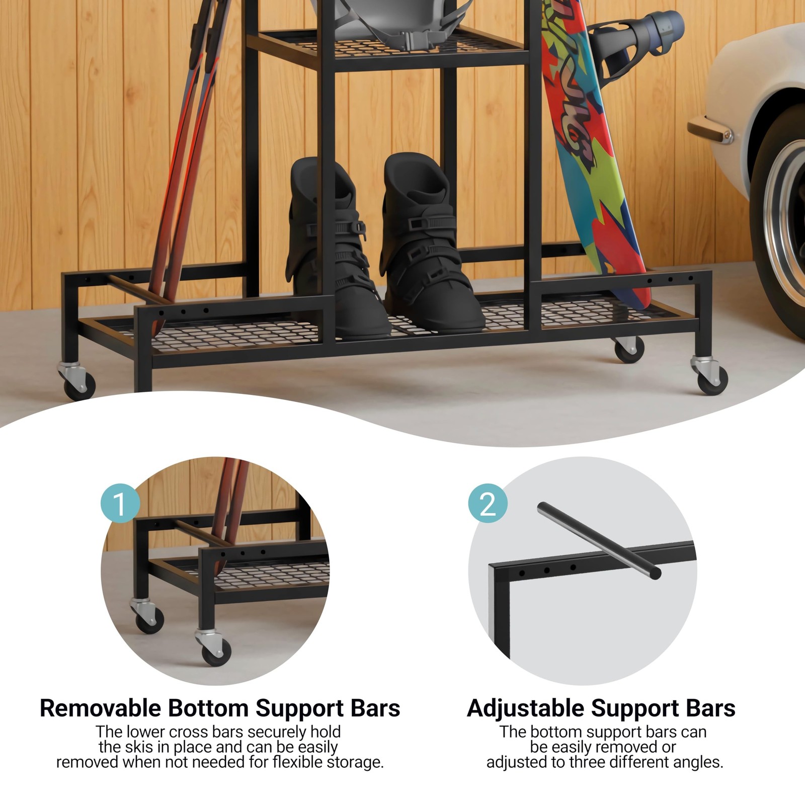 Standing Ski Storage Rack, Holds Snowboards & Skis, 3-Tier Organizer for Gear…