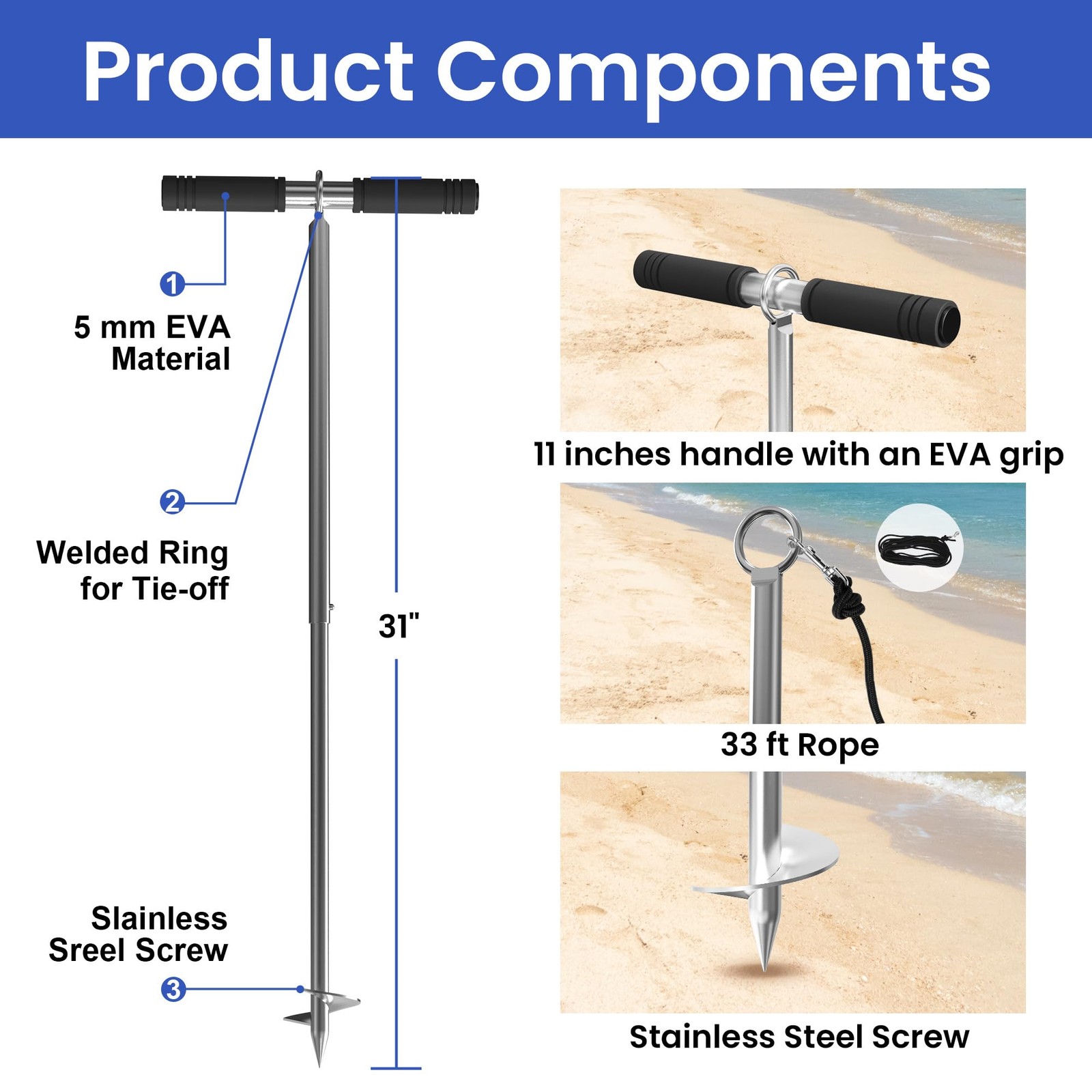 31″ Boat Sand Anchor, 316 Stainless Steel Screw-in Shallow Water Anchor