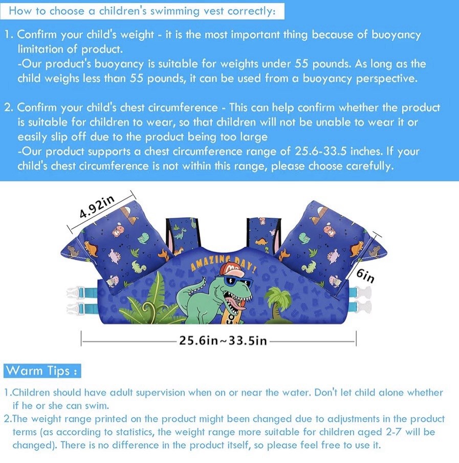 Chriffer Kids Swim Vest Life Jacket for 30-55 Pounds Dinosaur Floaties