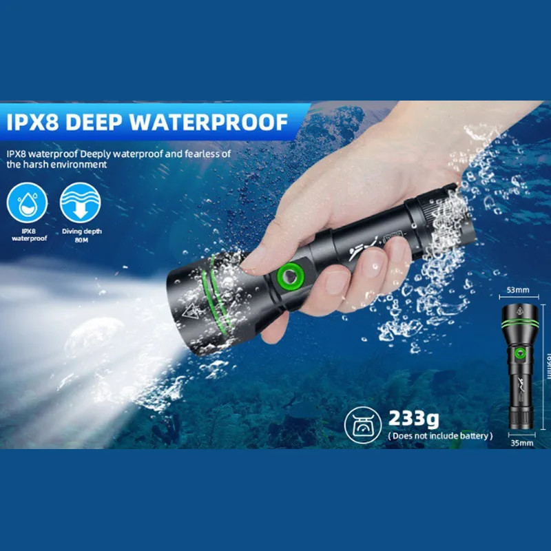 300000LM Professional Diving P70 Flashlight Underwater 200M Spearfishing Torch