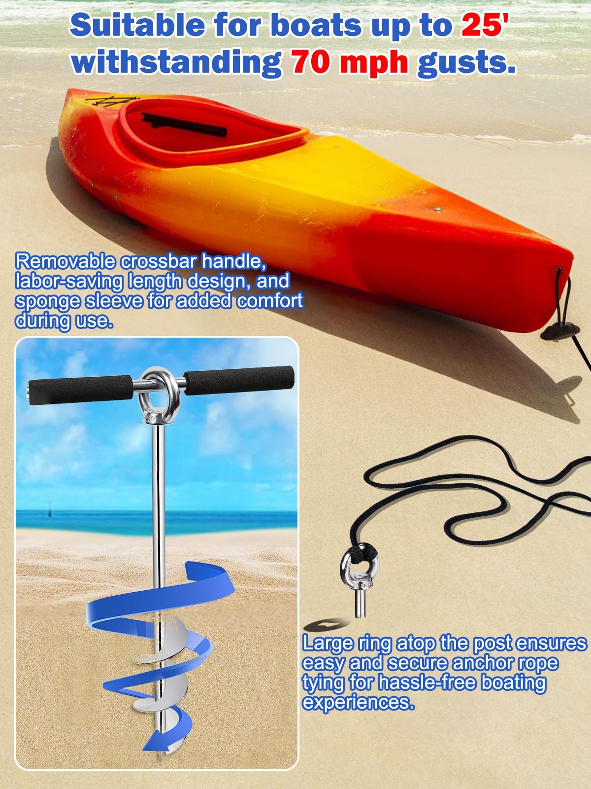 Sand Anchor Kit 17″ 304 Stainless Steel Triple Spiral Auger – 3000 Lbs Load