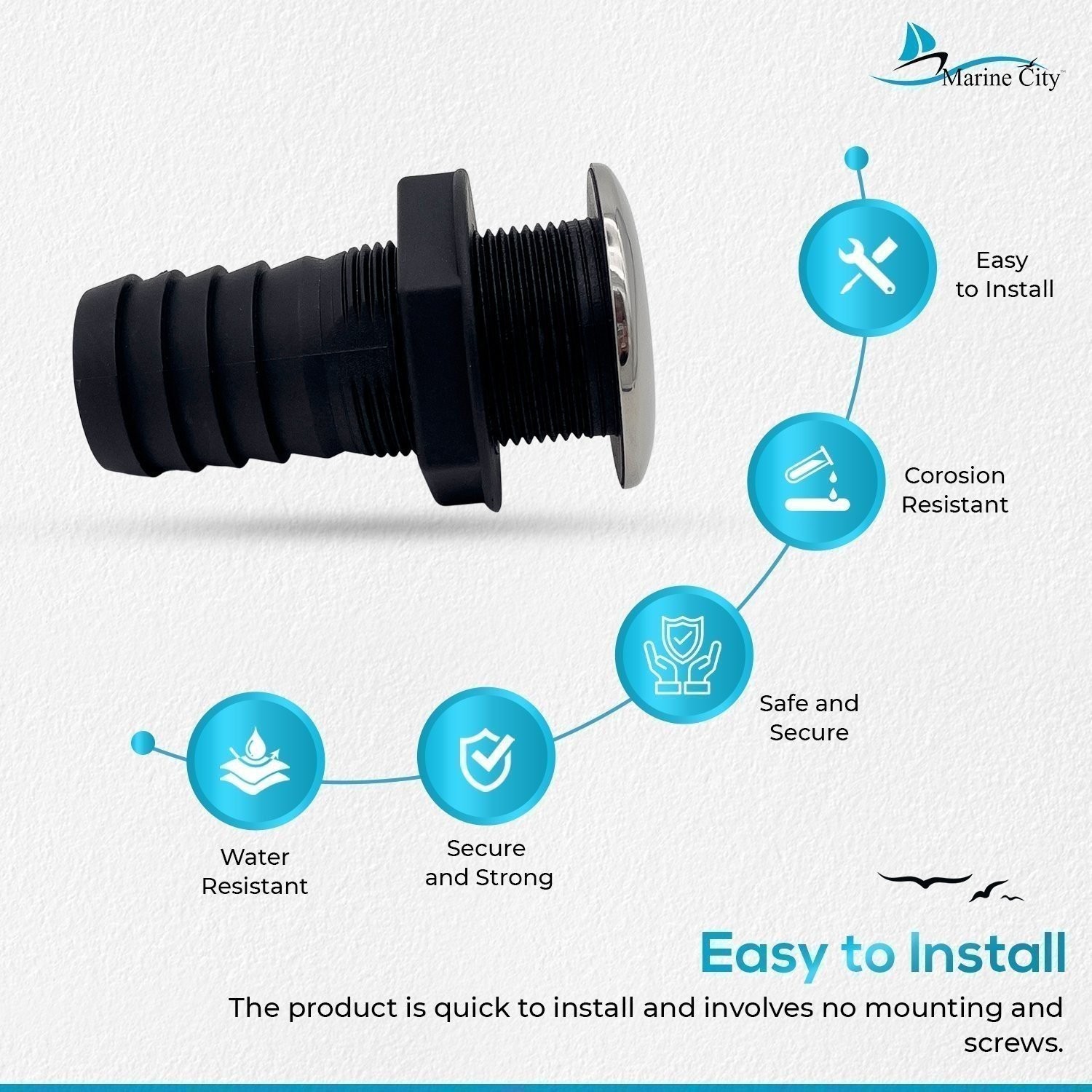 MARINE CITY Nylon 2.36″ Thru-Hull Fitting With 316 Stainless Steel Trim Cover