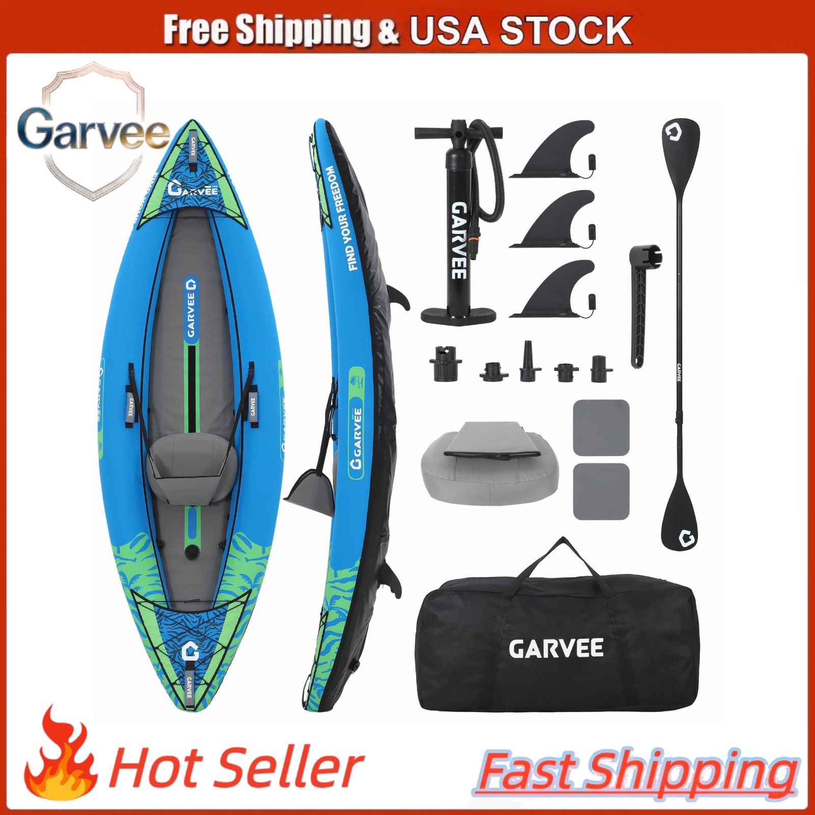 Inflatable Fishing Kayak One Person Padded Seat 3 Fins Pump Repair Kit Carry Bag