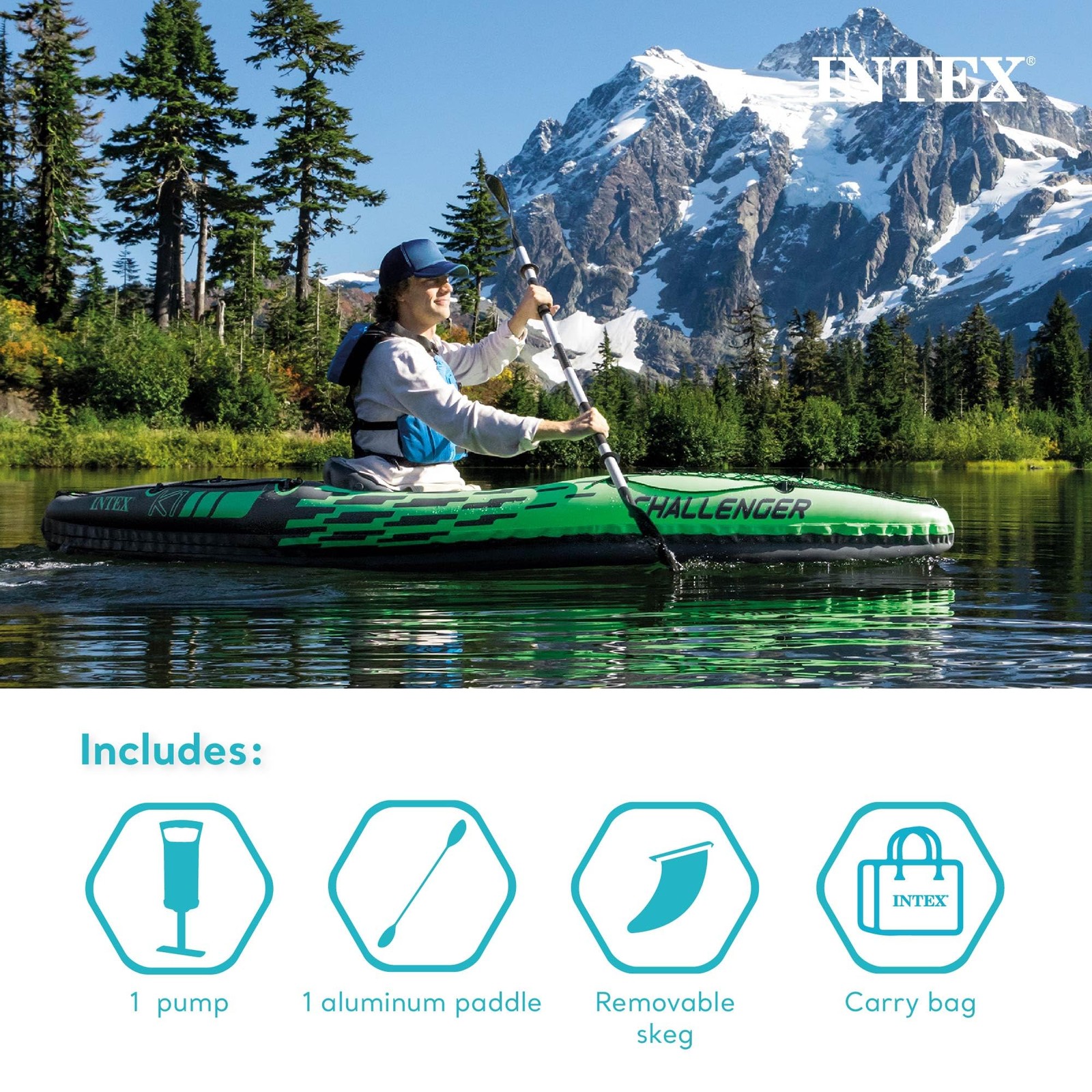INTEX 68305EP Challenger K1 Inflatable Kayak Set: K1: 1-Person, Green/Blue
