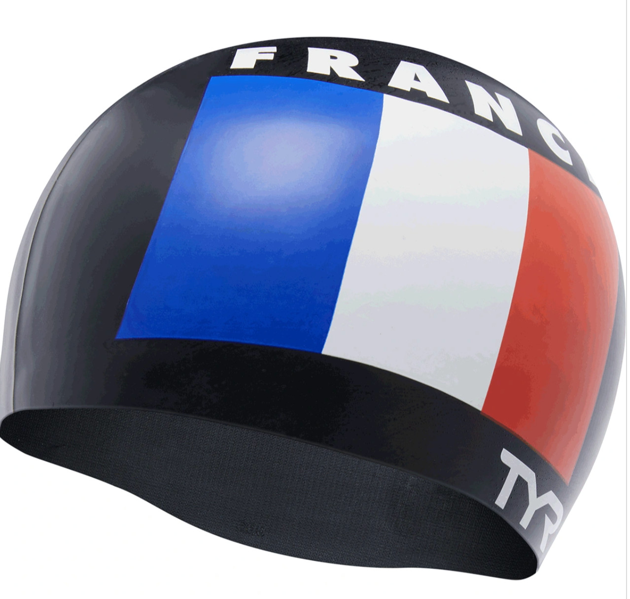 TYR Black Blue Red White Men’s Silicone Swim Cap FRANCE Flag Graphic New in Box