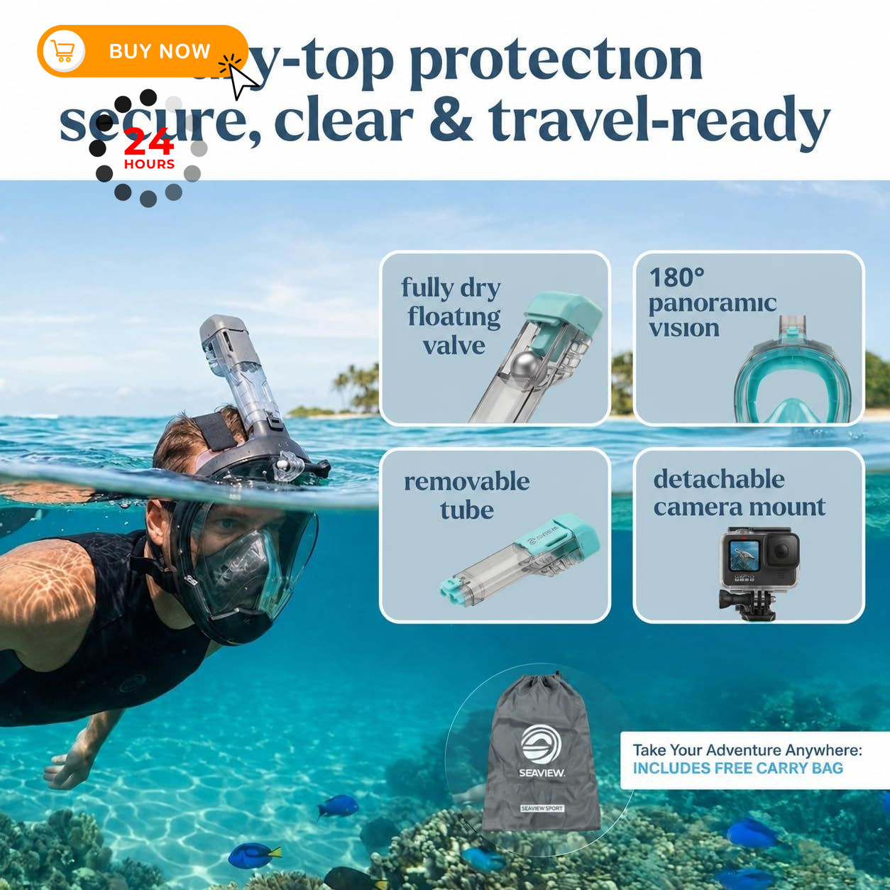 Seaview 180 Sport Full Face Snorkel Mask Adults, 180 Small-Medium, Stealth