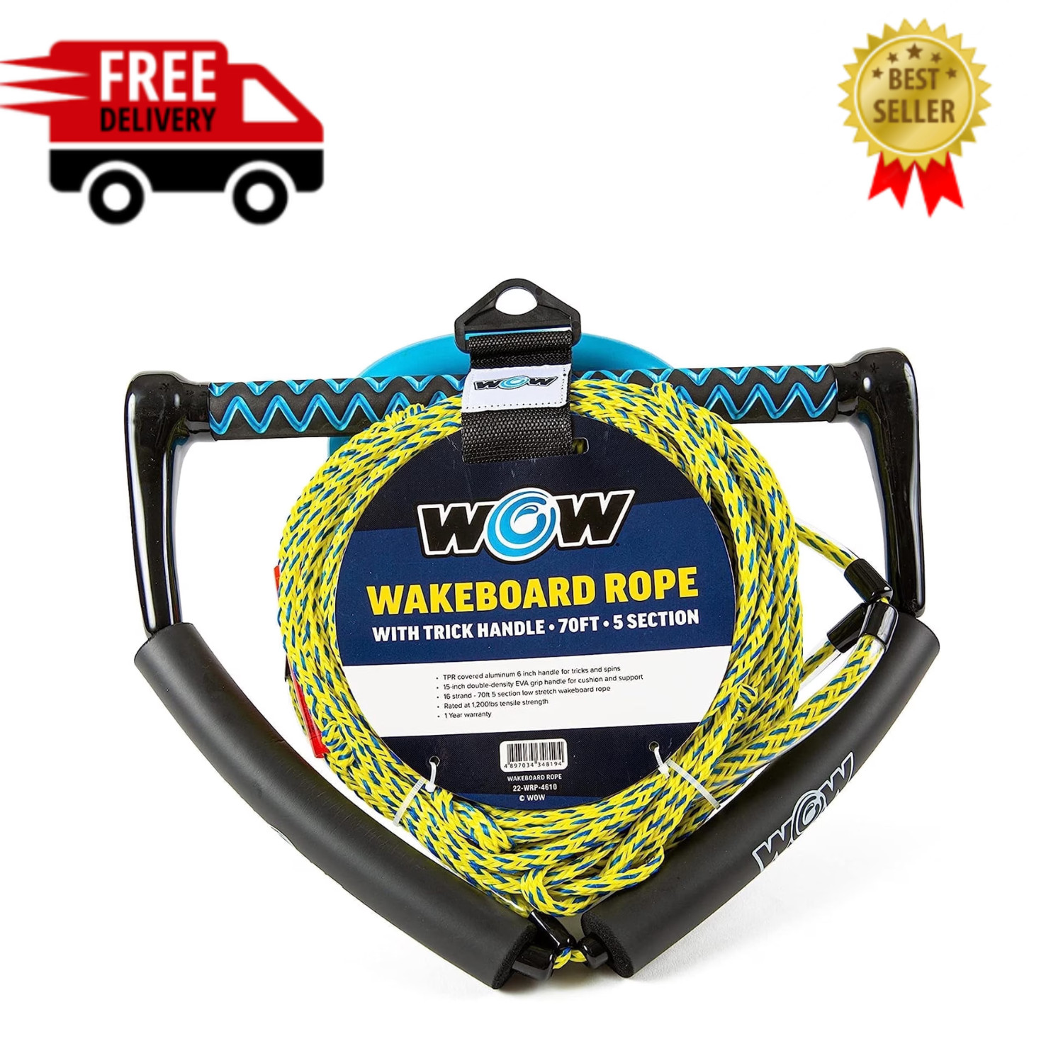 WOW Sports 70FT Wakeboard Tow Rope Trick Handle Water Ski Wakesurf