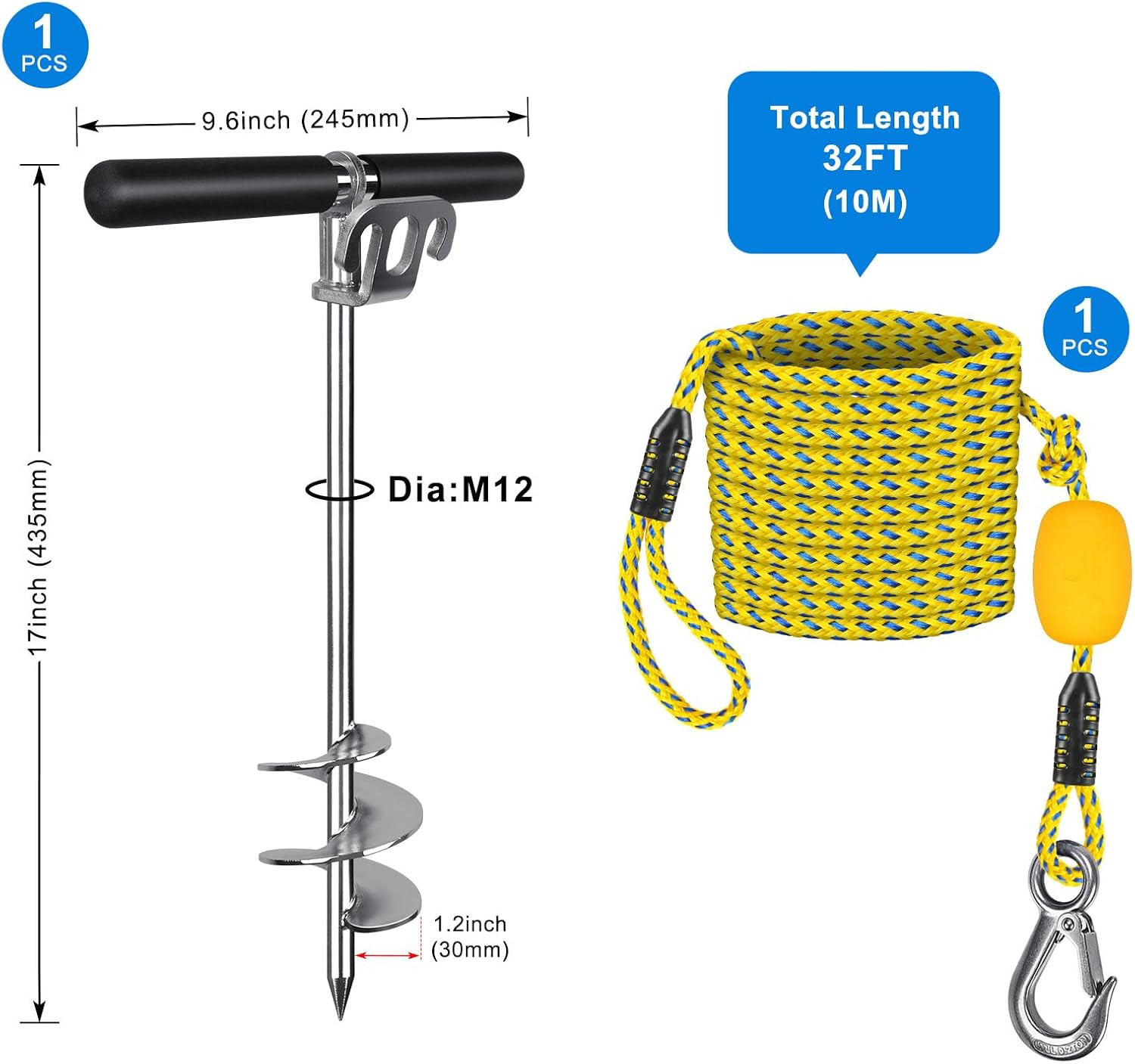 17″ 26″ 36″ Sand Anchor for Boat 304 Stainless Steel Screw in Boat Anchor for Sh