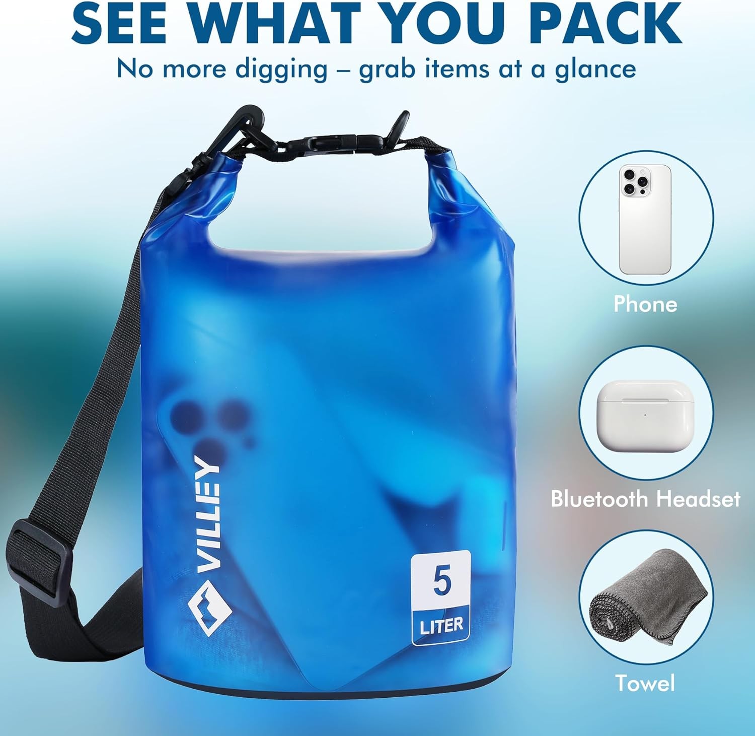 VILLEY 5L Waterproof Dry Bag Roll Top Sack for Kayaking Boating Camping Swimming