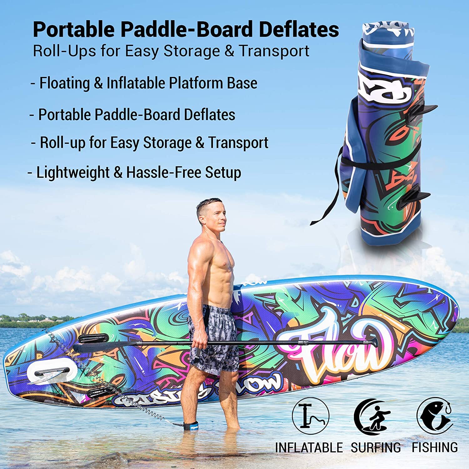SereneLife Inflatable Stand Up Paddle Board Surf Paddling Wide Stance 6″ Thick