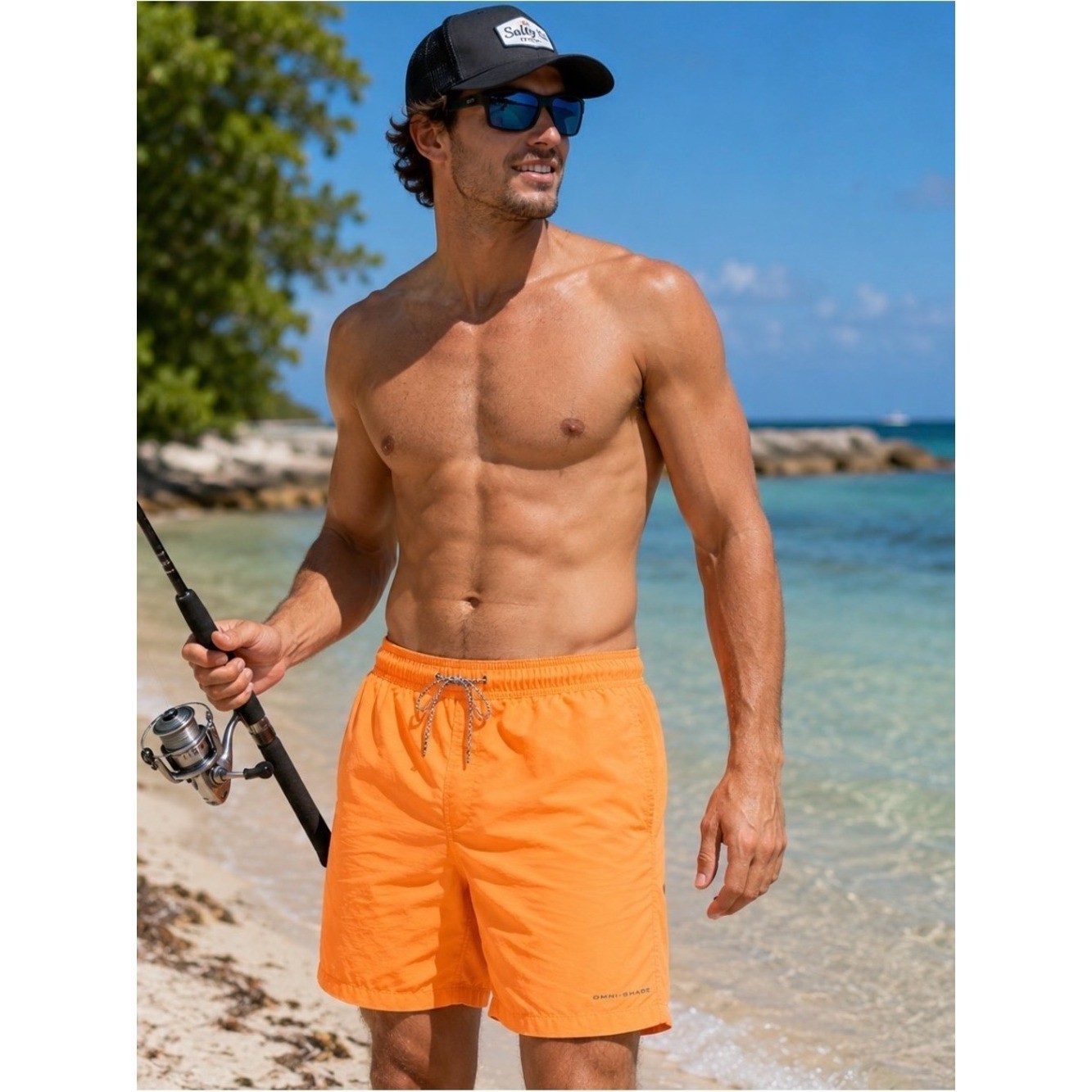 Columbia PFG Omni-Shade Men’s Neon Orange Swim Trunks Size Large Fishing Beach