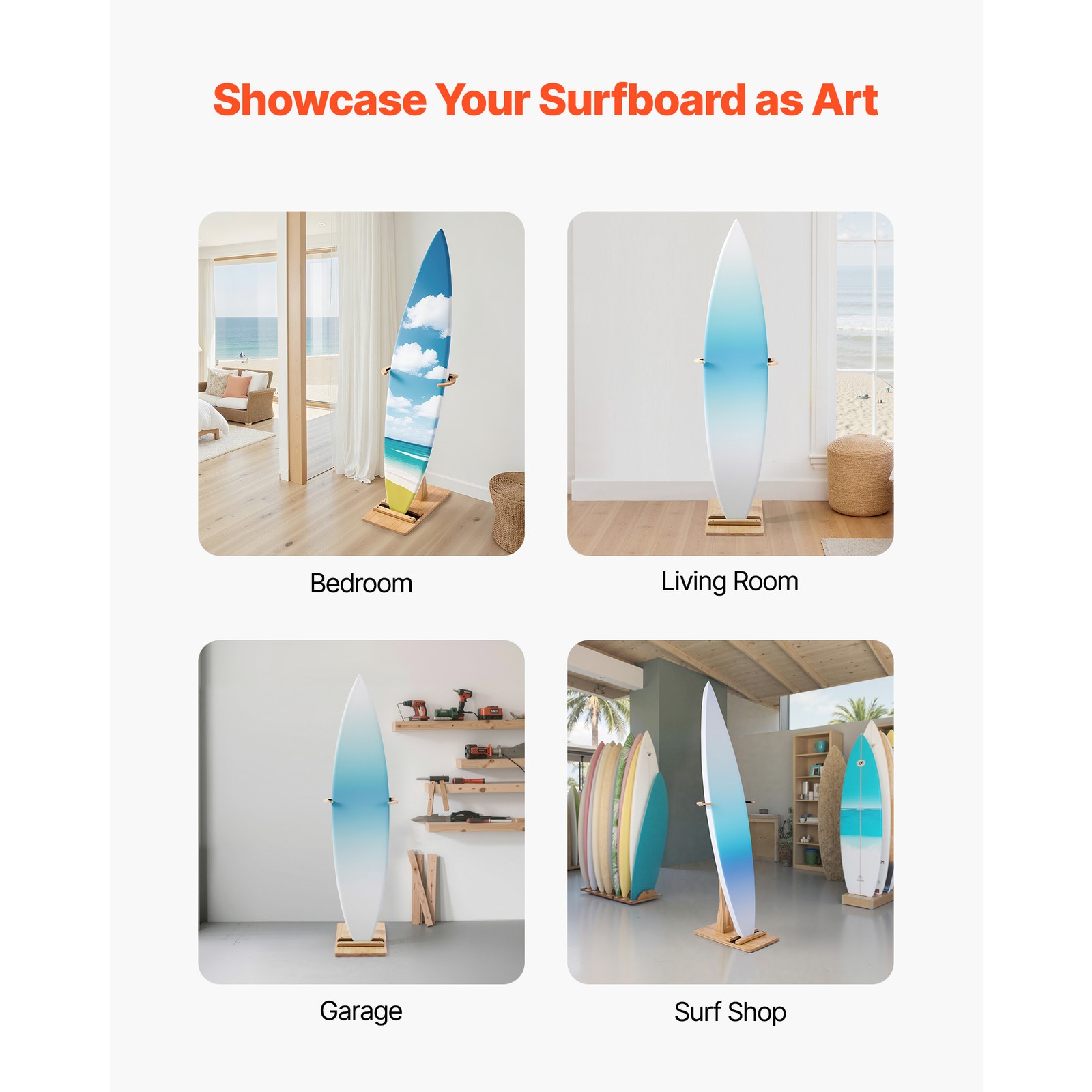 Uimoso Adjustable Wooden Surfboard Rack for Vertical Storage and Display