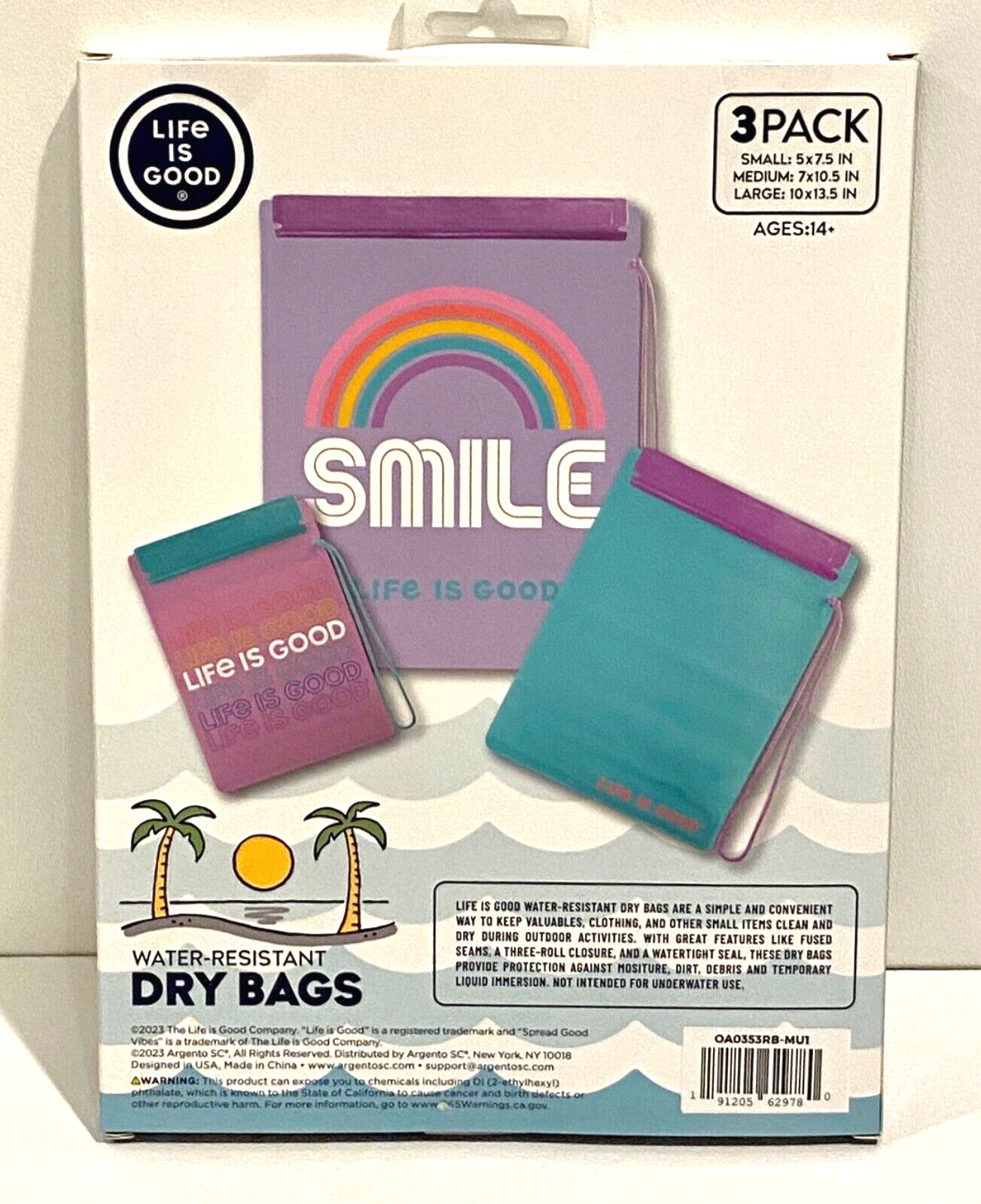 Life Is Good SMILE Set Of Three Water Resistant Dry Bags Various Sizes NIB