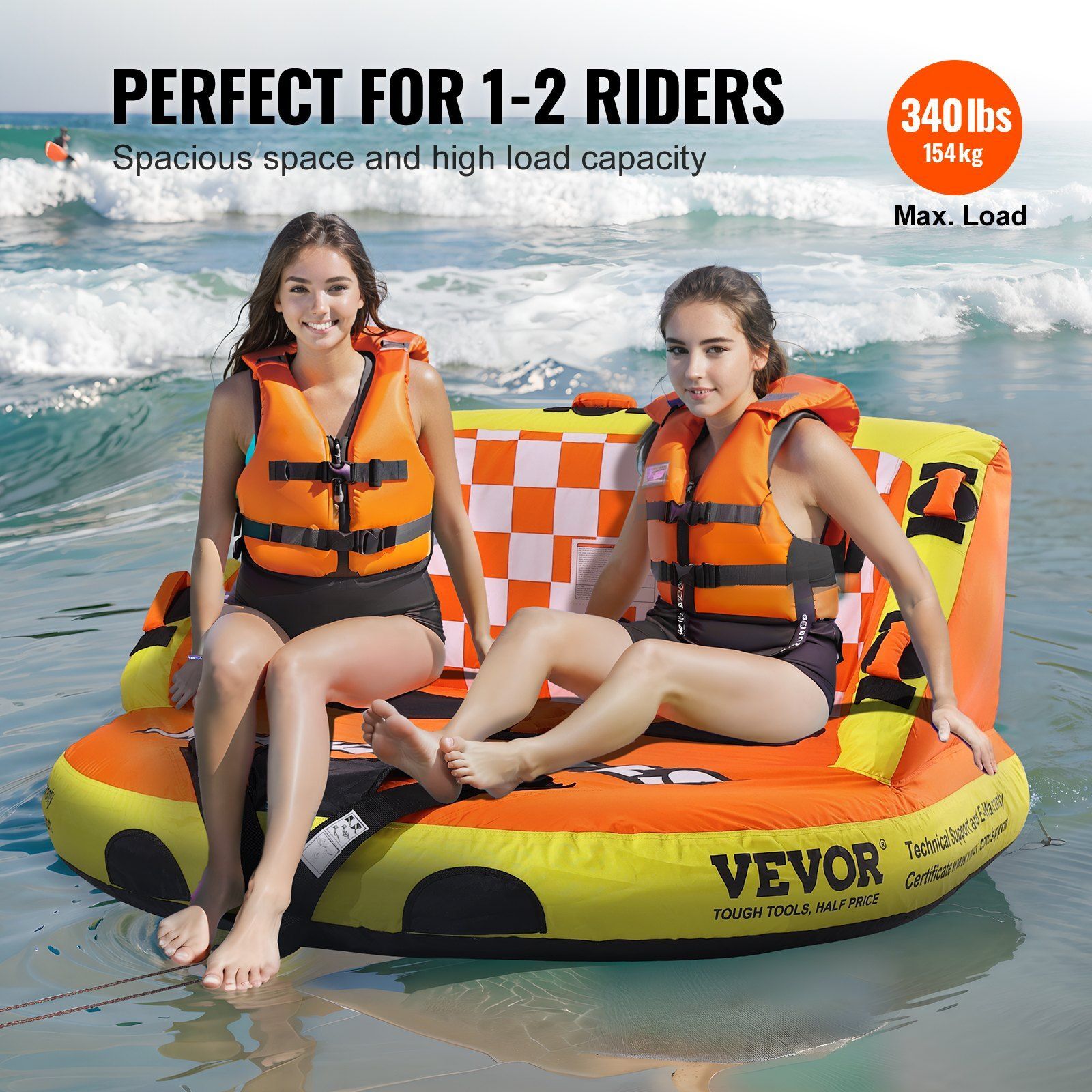Towable Tube for Boating 1-2 Rider 340lbs Water Sport Tube w/Deck Seats&Backrest