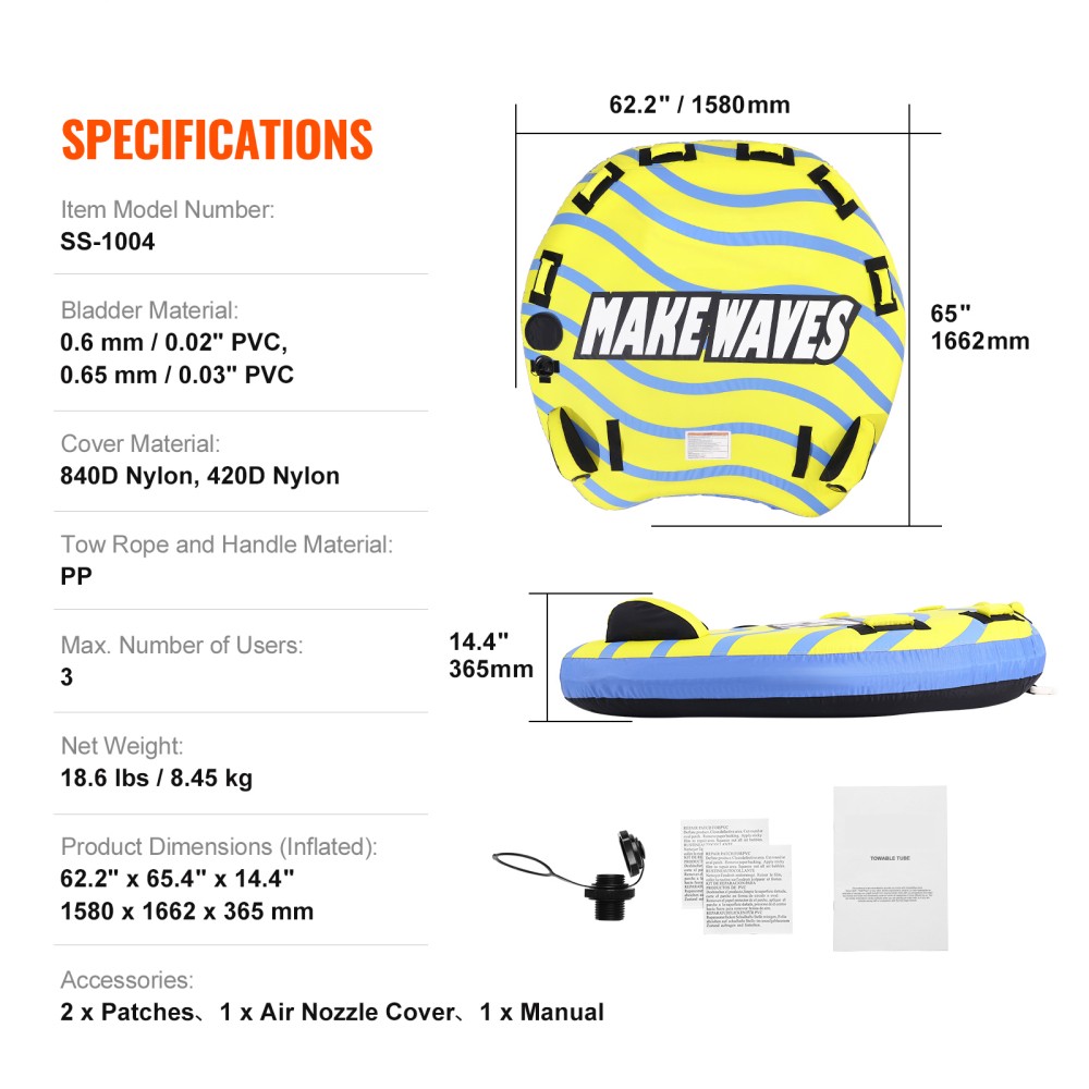 Inflatable 1-3 Person Towable Tubes for Boating Water Tubes for Boats to Pull