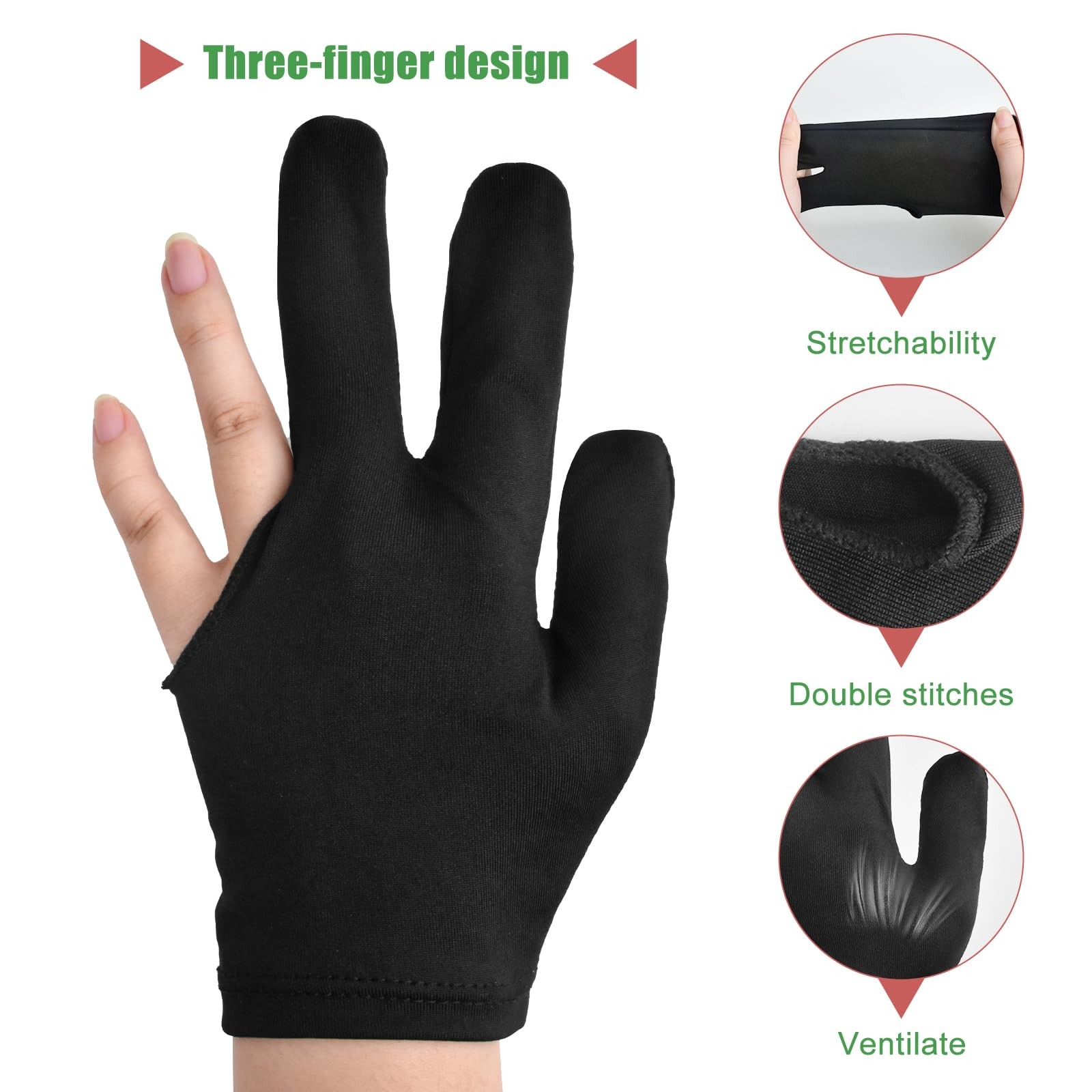 AccEncyc 3 Fingers Pool Gloves 20Pcs Billiard Glove Universal Cue Black