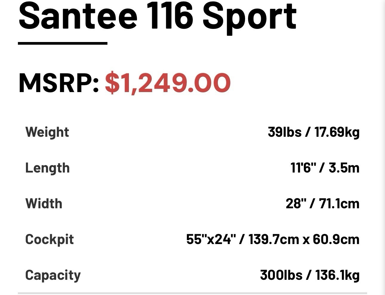 Santee 116 Sport Kayak 11’6″ Length 28″ Width 300lbs Capacity